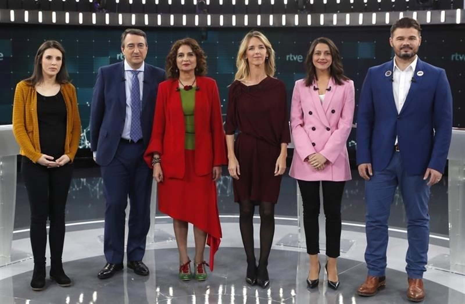 Irene Montero (Unidas Podemos), Aitor Esteban (PNV), Maria Jesús Montero (PSOE), Cayetana Álvarez de Toledo(PP), Inés Arrimadas (Ciudadanos) y Gabriel Rufian (ERC),i-d