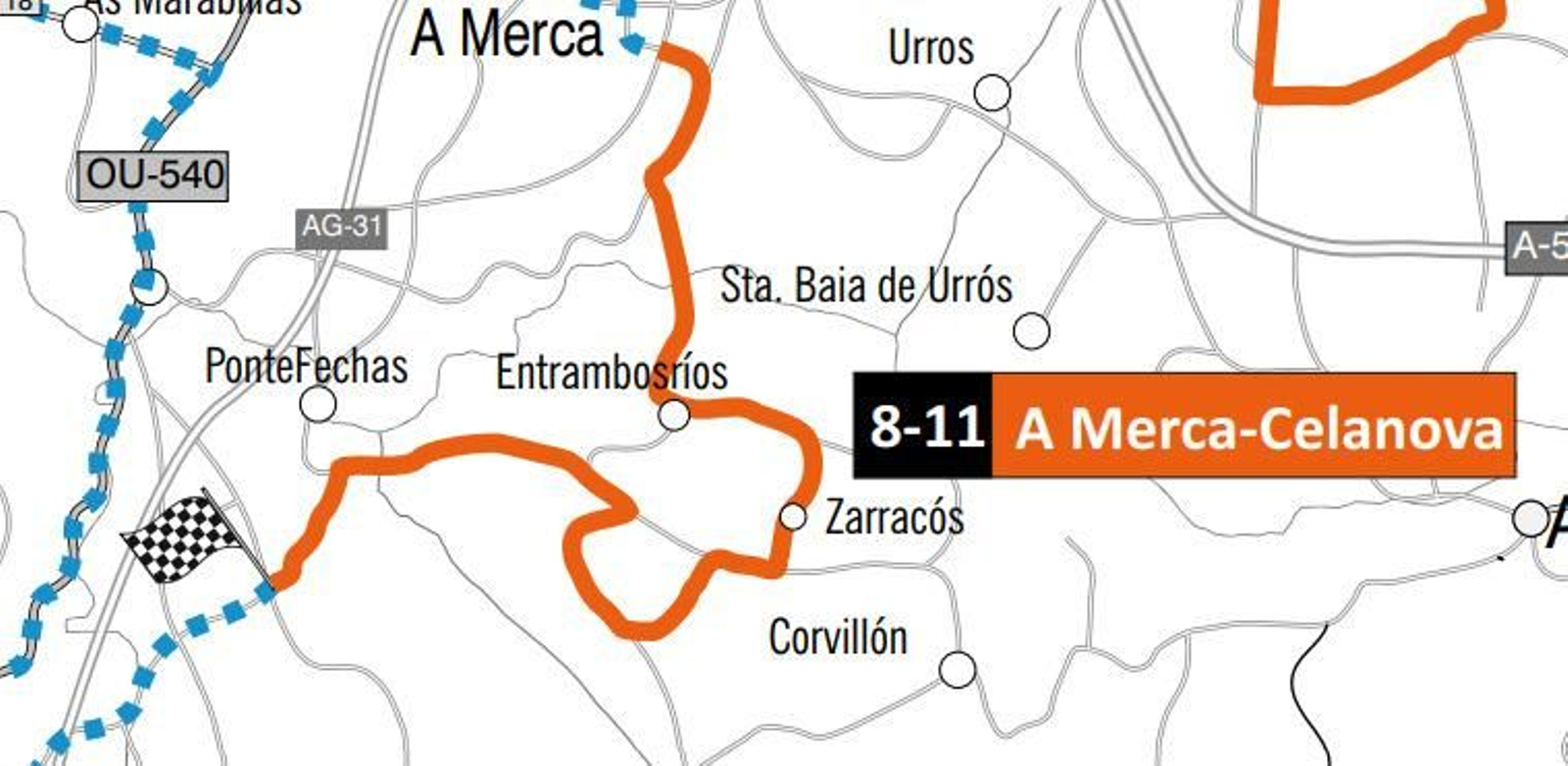 Mapa tramo 8 y 11 del Rally de Ourense Recalvi 2026.