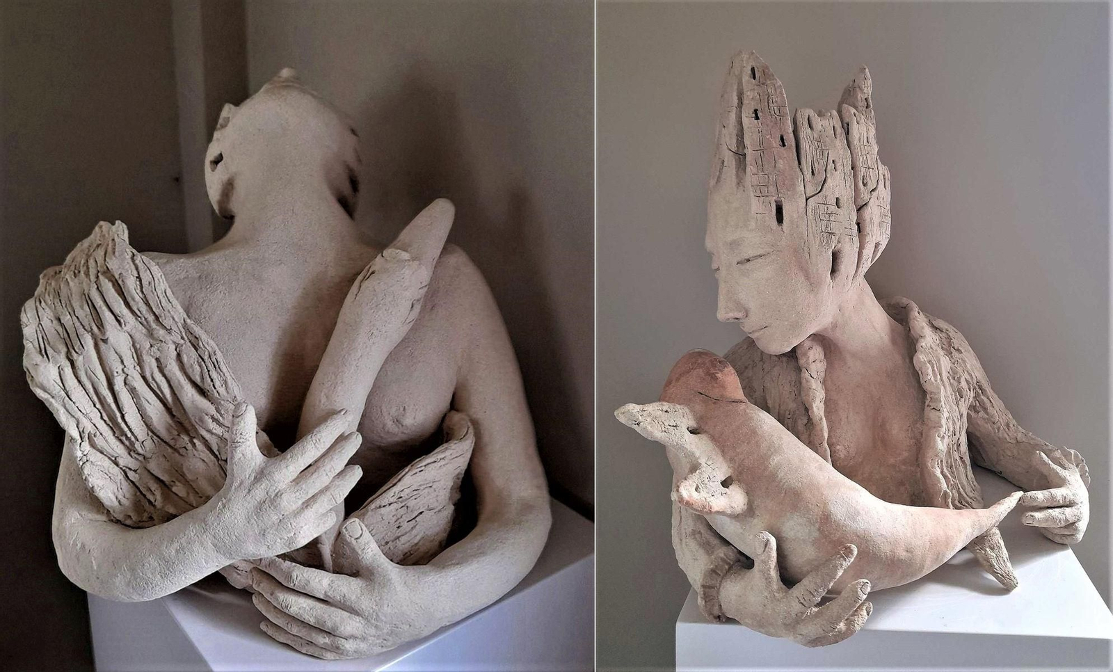 Leda y el cisne (i) y Te escucho (d).