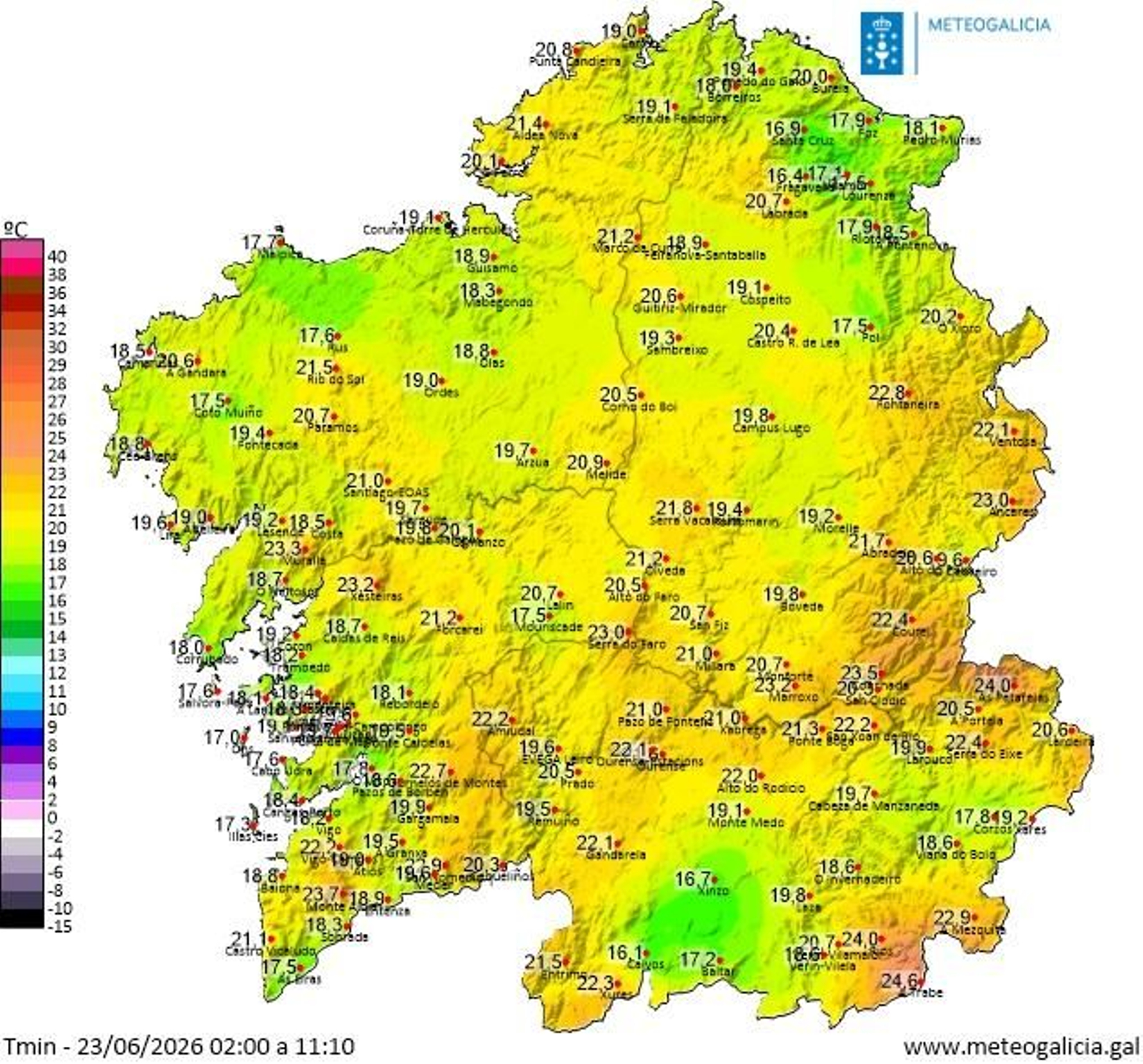 Mapa publicado por MeteoGalicia en el que se muestran las temperaturas mínimas durante la noche del 23 de junio