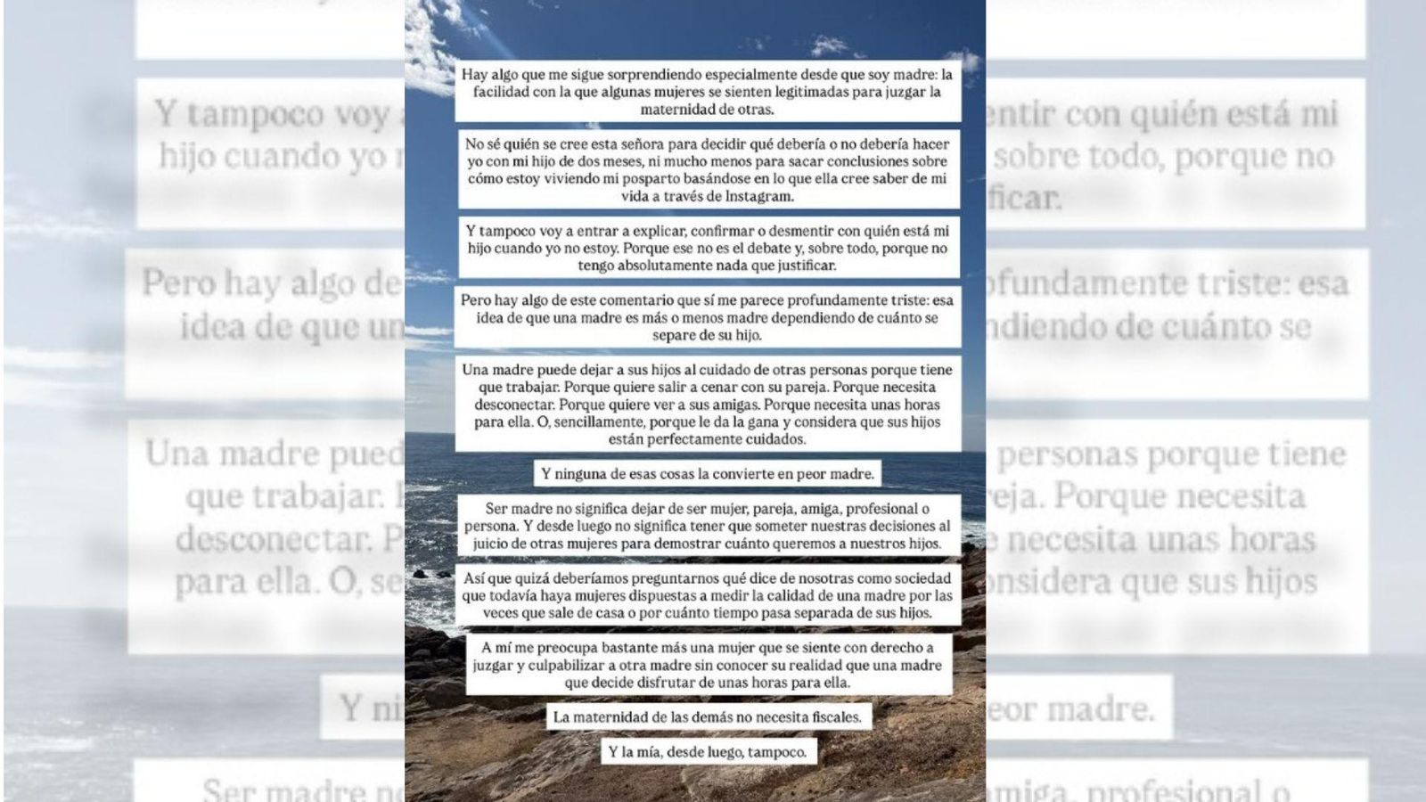 Comentario de Peleteiro en su cuenta de Instagram sobre la maternidad.