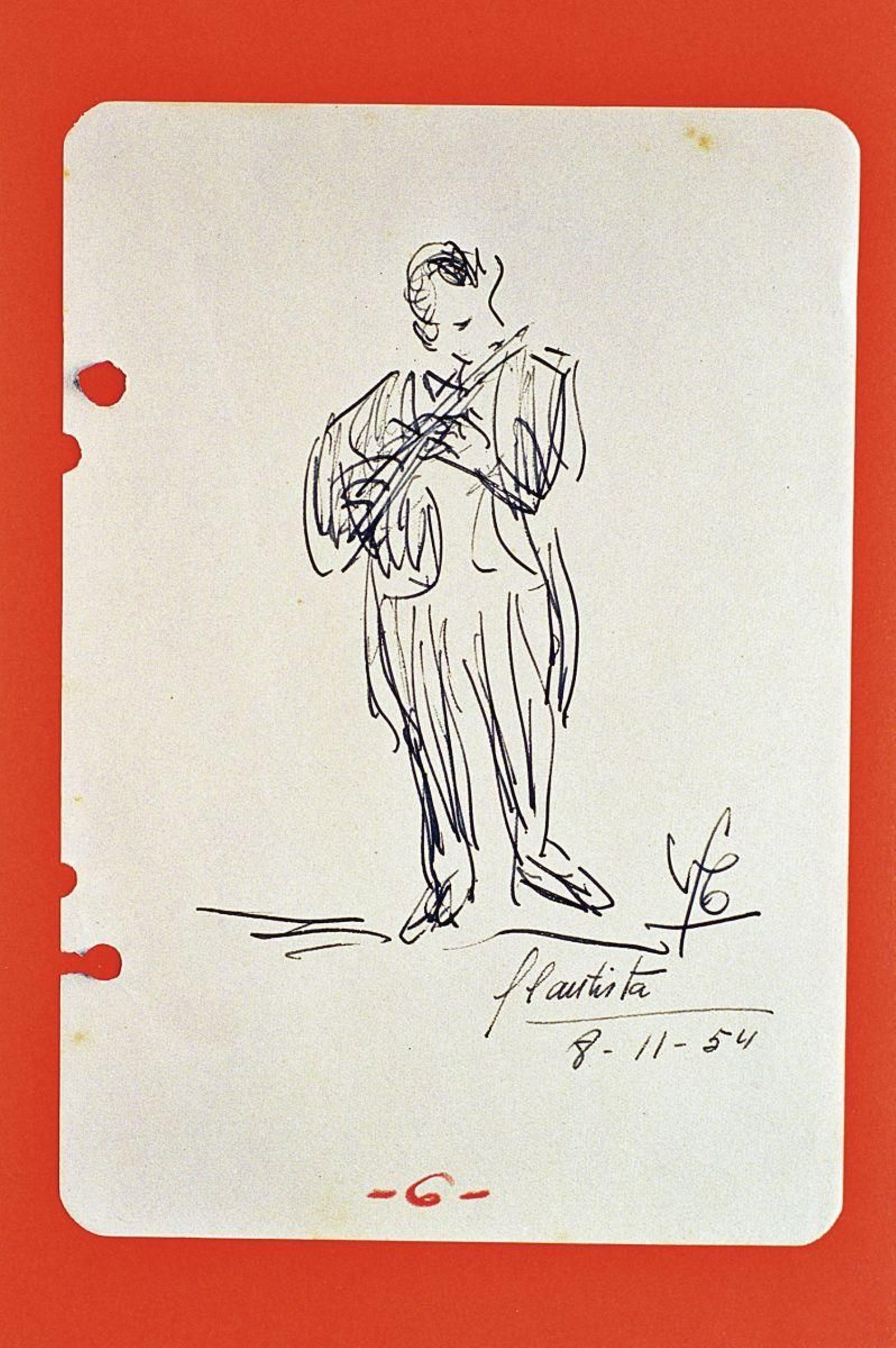 Virxílio Fernández Cañedo, gaitero aficionado, dibujo un músico tocando la flauta en 1954.
