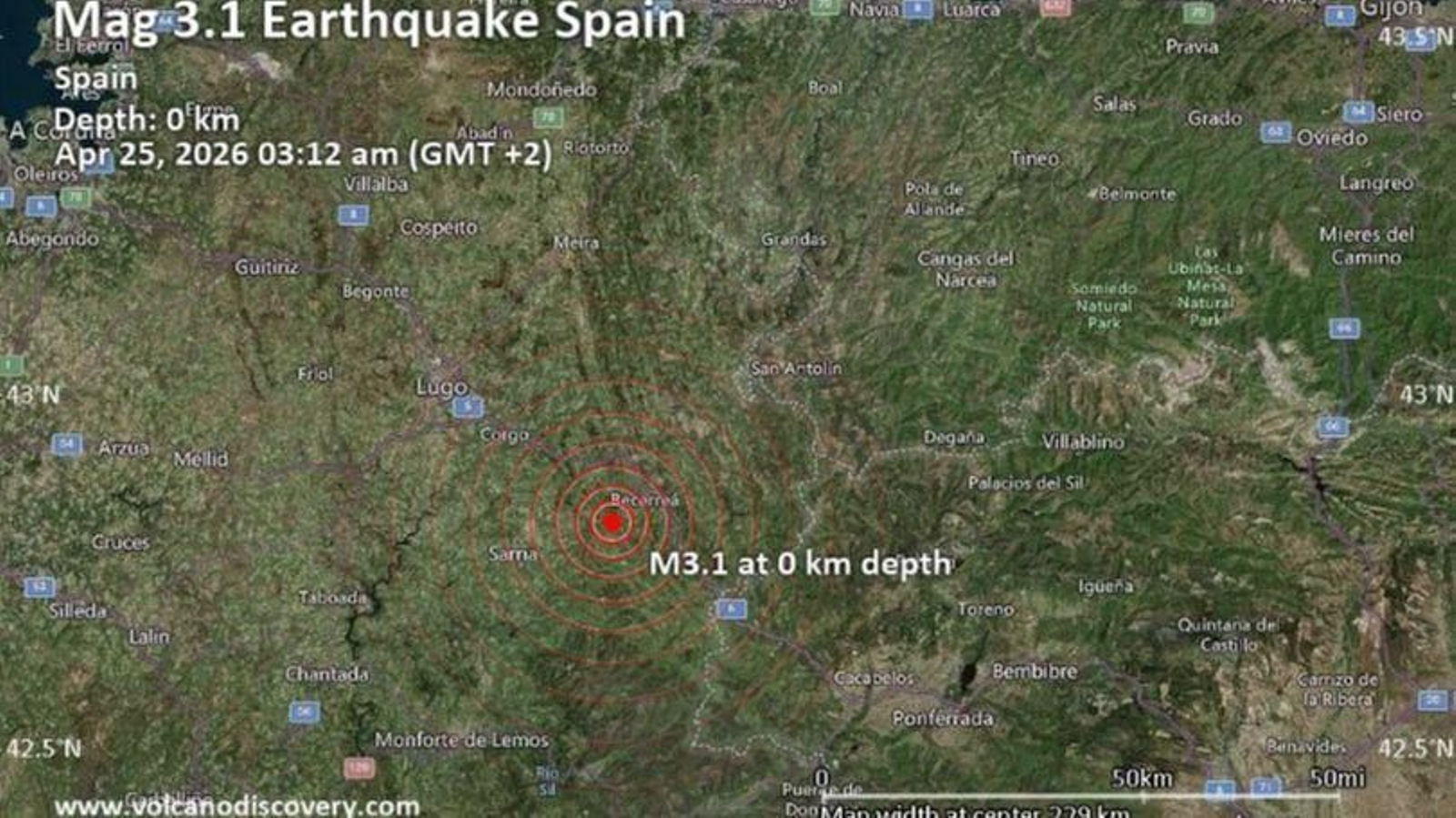 Mapa de actividad sísmica en la provincia de Lugo que muestra los epicentros.