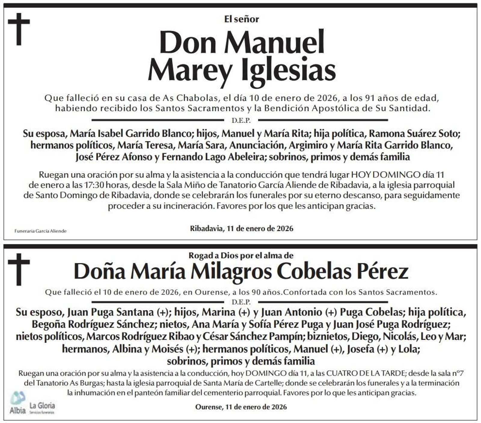 Las esquelas de este domingo, 11 de enero