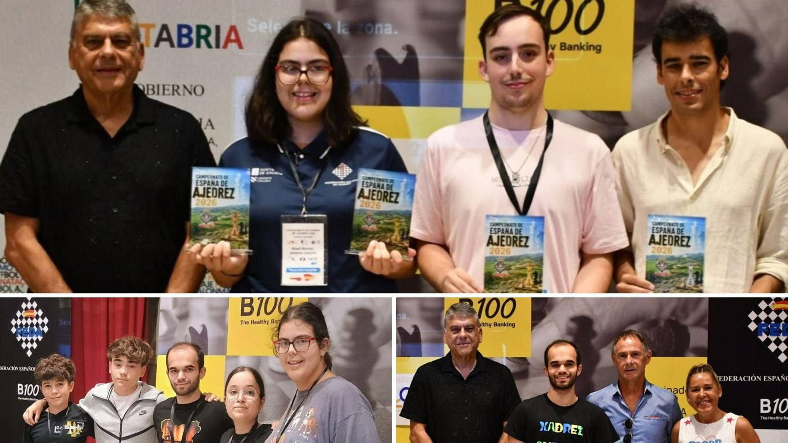 Jimena Abad (izquierda) muestra su oro femenino y su bronce en la general sub-1700. Martín Gómez Carreño (Xadrez Ourense), con el trofeo como campeón de España.  La destacadísima representación del Club Xadrez Ourense.