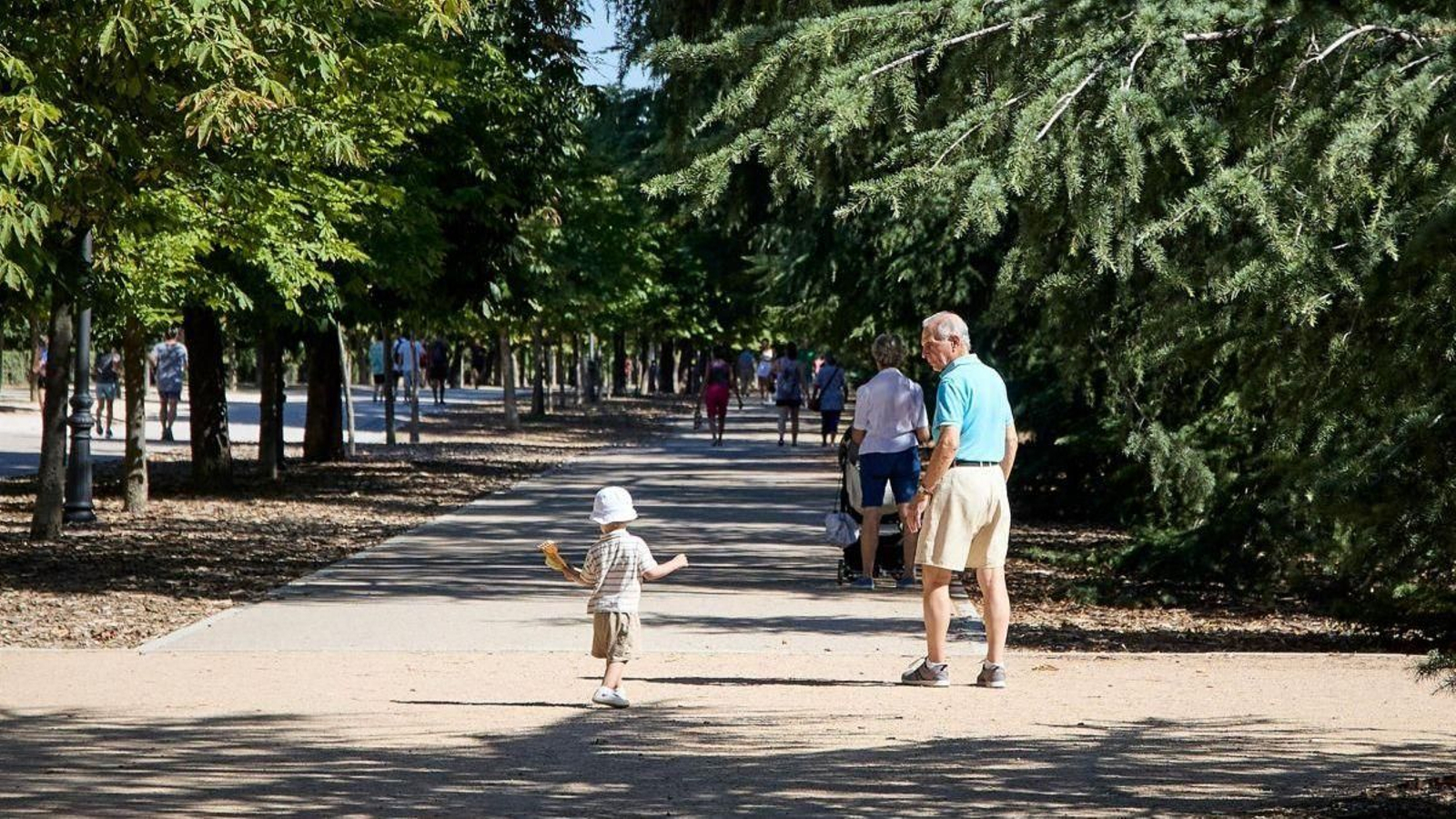 Un abuelo, con su nieto, en un parque.