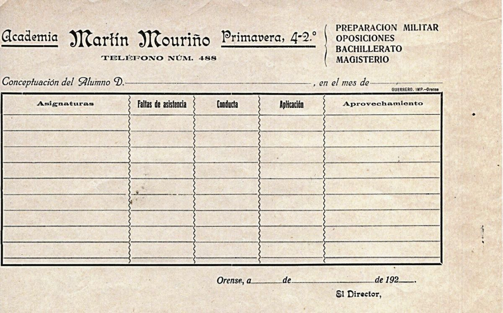 Hoja para el historial del alumno de la  Academia Mouriño de los años veinte.