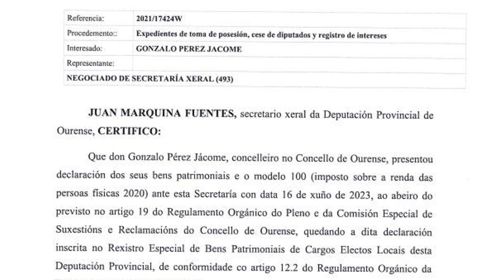 Certificado de la declaración de bienes de Pérez Jácome