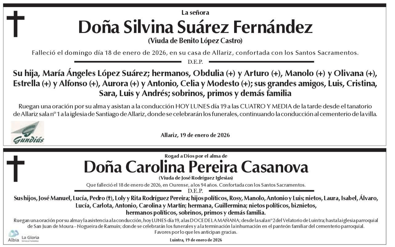 Las esquelas de hoy, lunes 19 de enero.