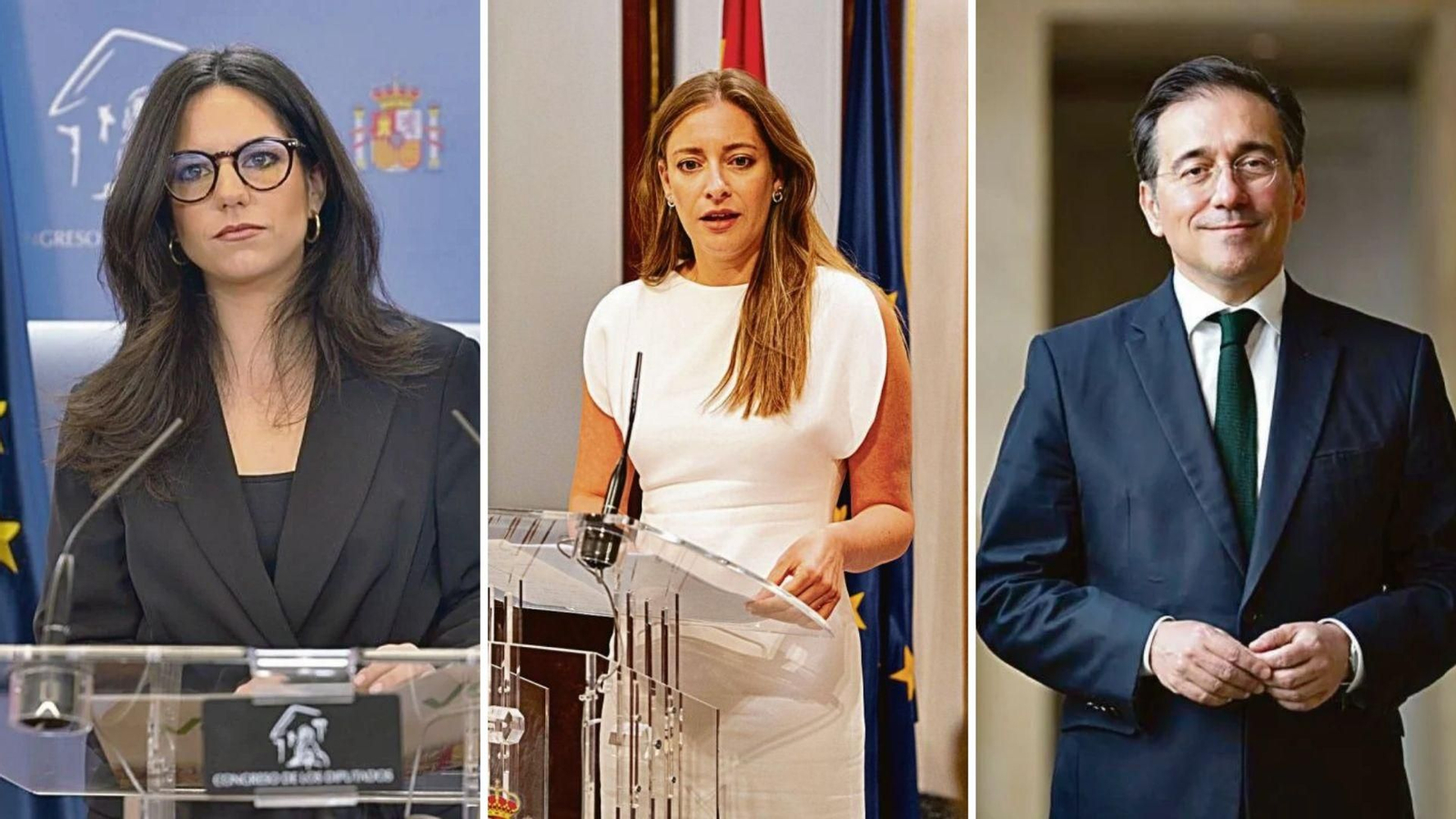 Rodríguez de Millán, portavoz de Vox; La portavoz del PP, Ester Muñoz y el ministro José Manuel Albares.