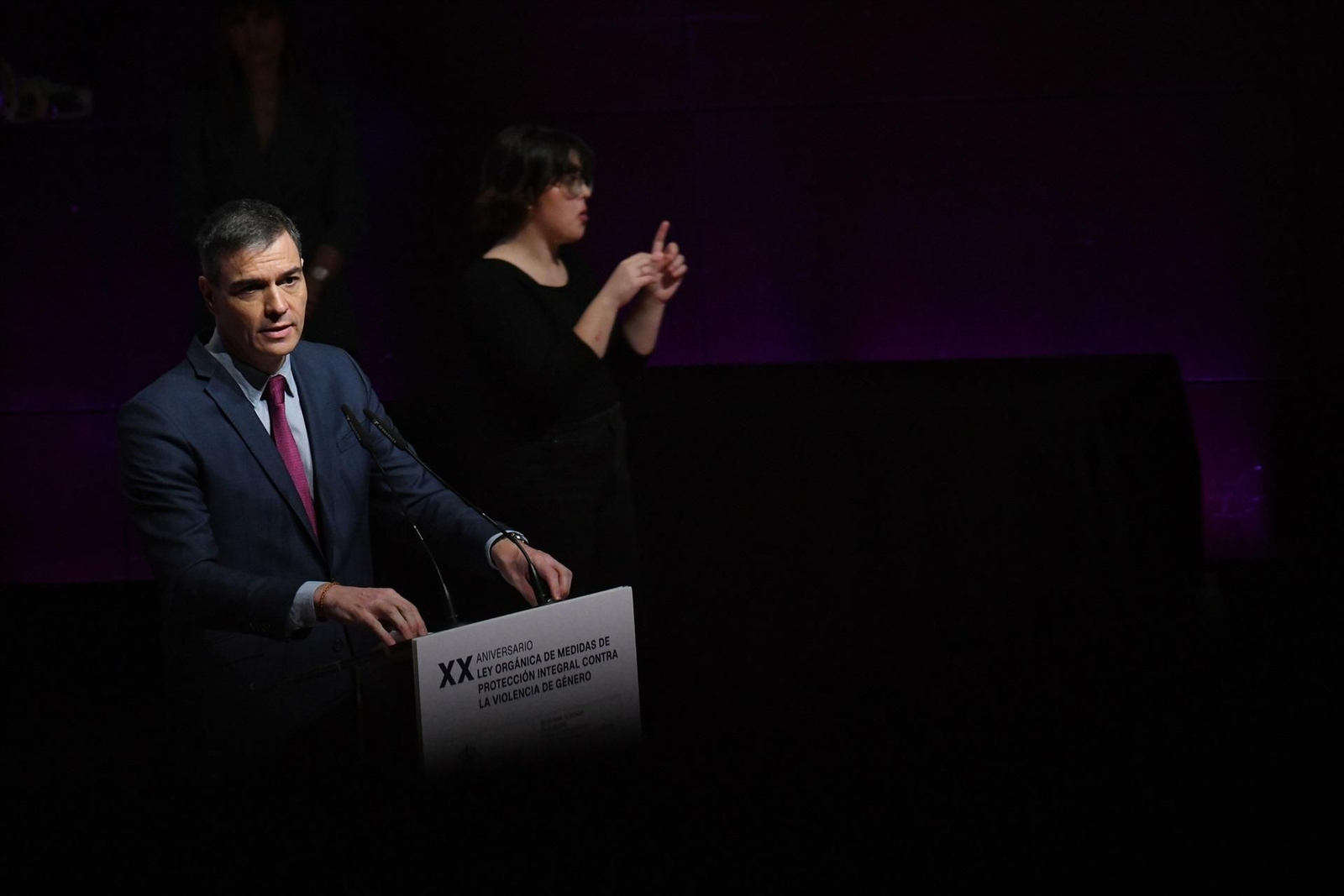 El presidente del Gobierno, Pedro Sánchez, interviene durante el acto del 20º aniversario de la Ley Orgánica de Medidas de Protección Integral contra la Violencia de Género