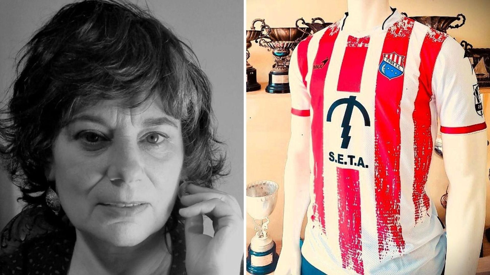 A la izquierda, la escritora Marga do Val y a la derecha la camiseta del ya centenario Tyde F.C..