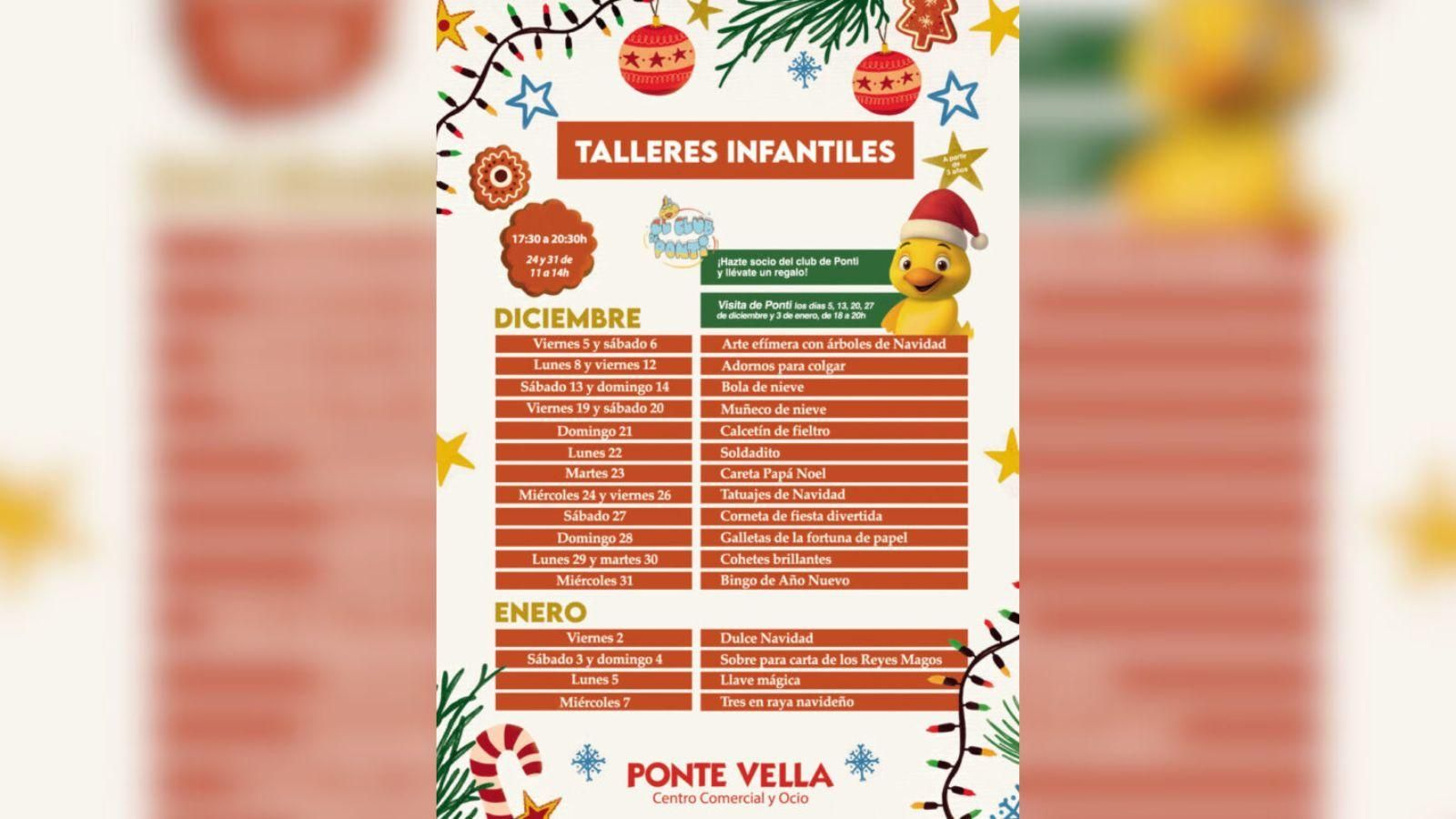 Cartel oficial de la programación navideña de los talleres infantiles en Ponte Vella, Ourense