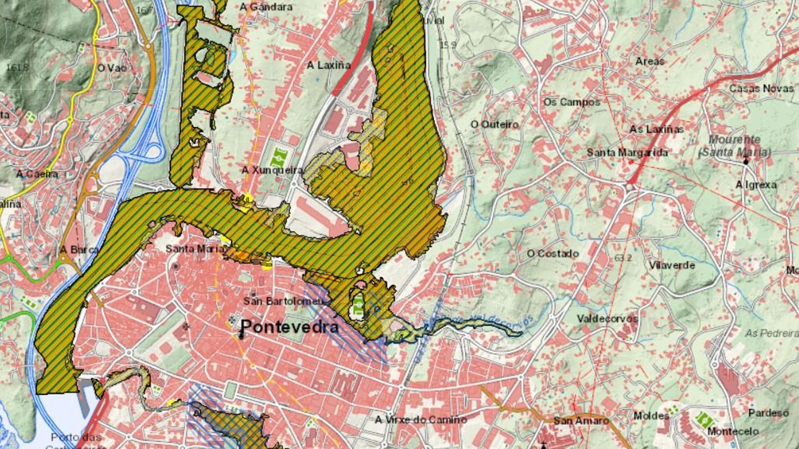 Mapa de zonas inundables en Pontevedra de Augas de Galicia.