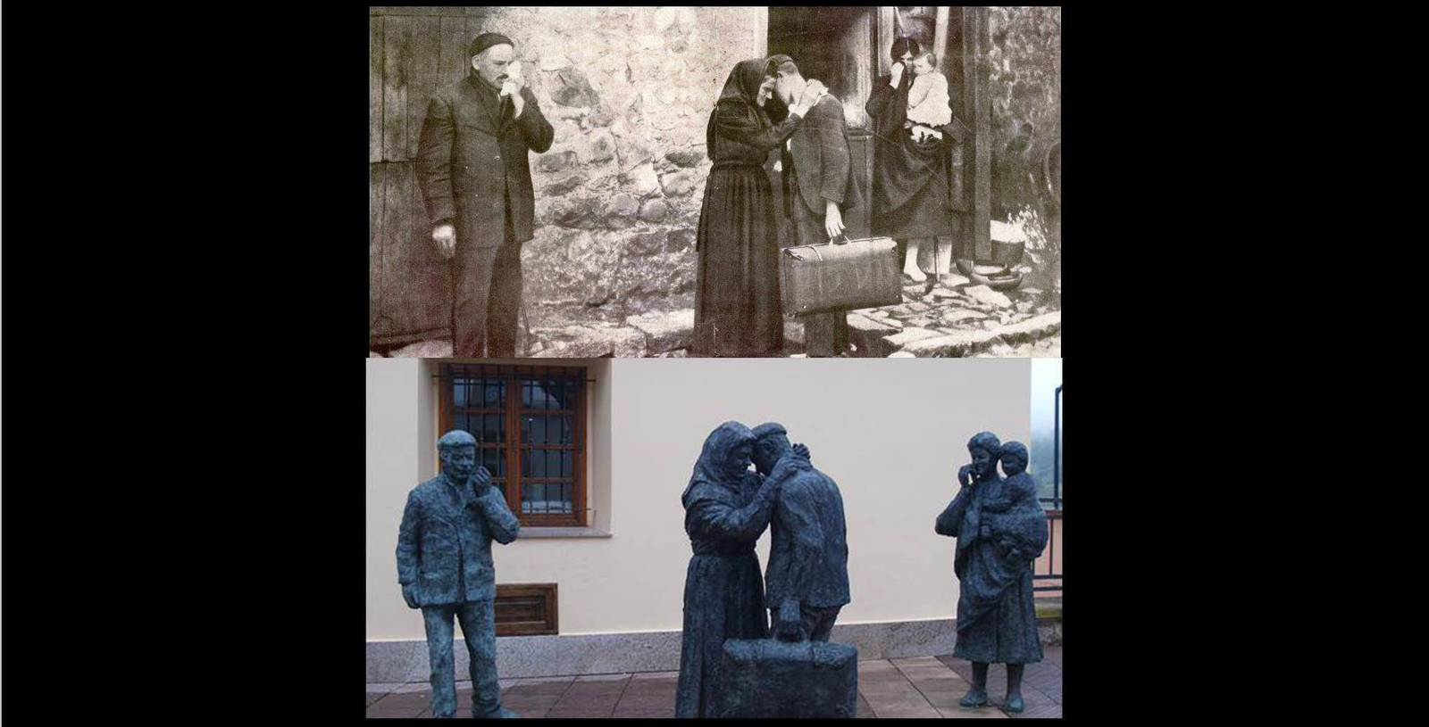 Montaje de la fotografía original que inspiró el "Monumento a los Emigrantes" que se encuentra en Boal. Foto: "El Occidente Astur"