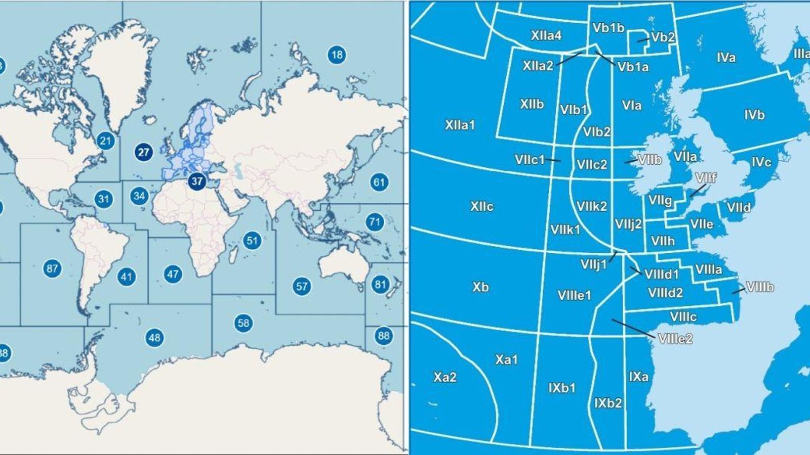 La Fao dividió los mares en áreas de Pesca. A la derecha, las subzonas de FAO 27, de donde llega la mayor parte del pescado y marisco que comemos porque incluye los principales caladeros europeos.