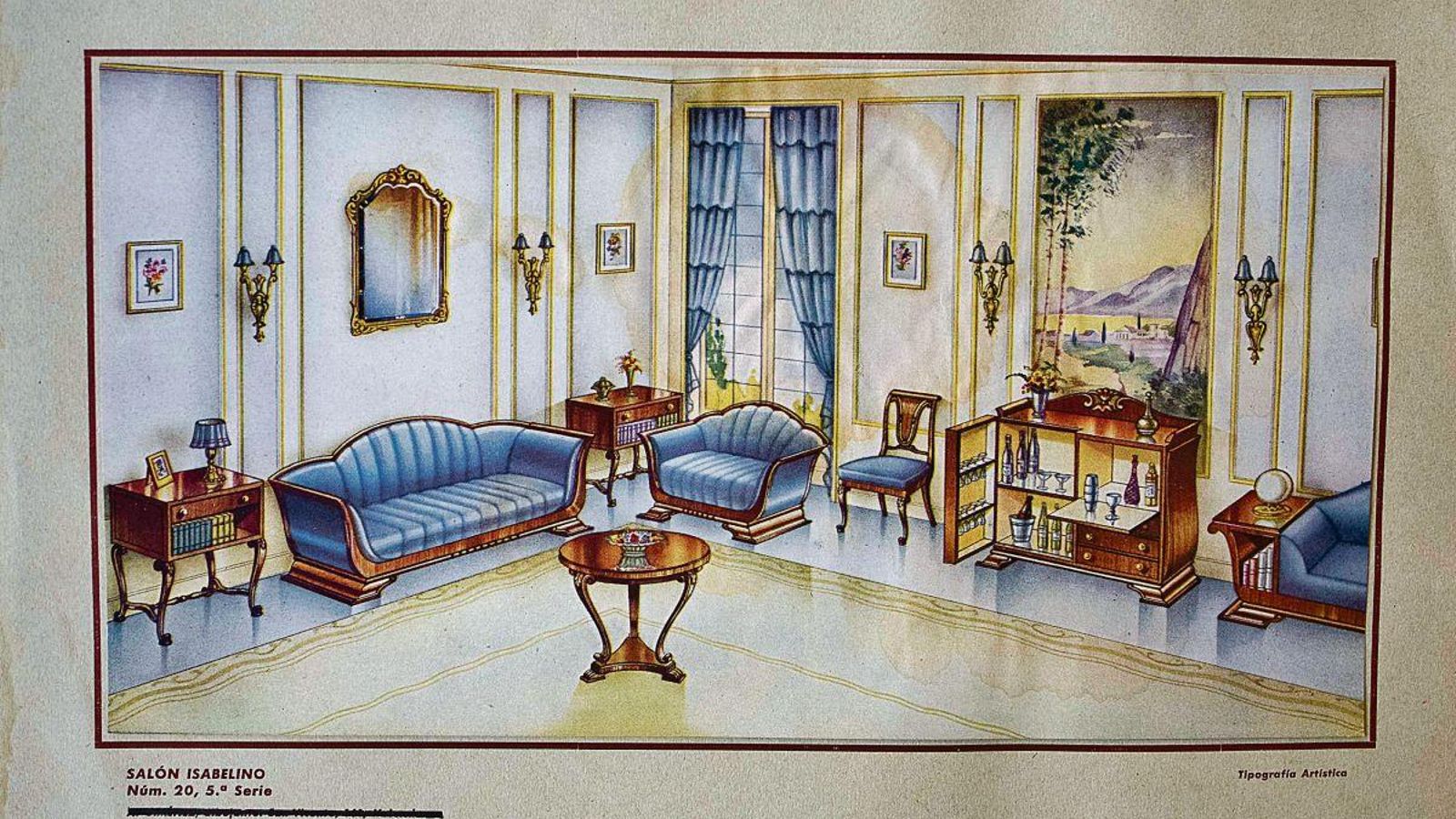 Salón de estilo Isabelino en el que no falta de nada:  mueble-bar, cortinones y tapiz en la pared.