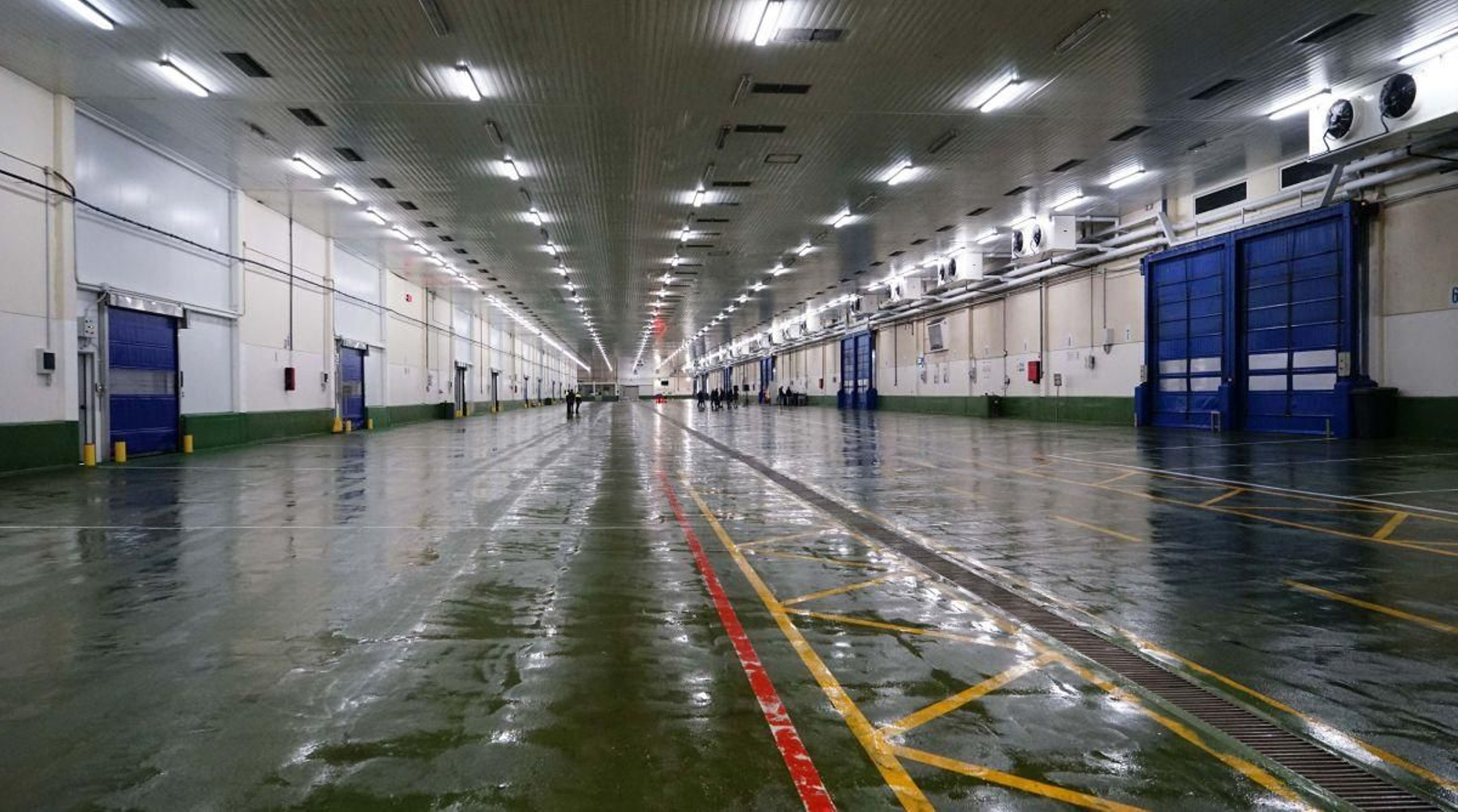 El interior de la sala de subastas de la lonja de Berbés, en su nueva configuración, con bloqueo de puertas y sellado de espacios para evitar la pérdida de frío.