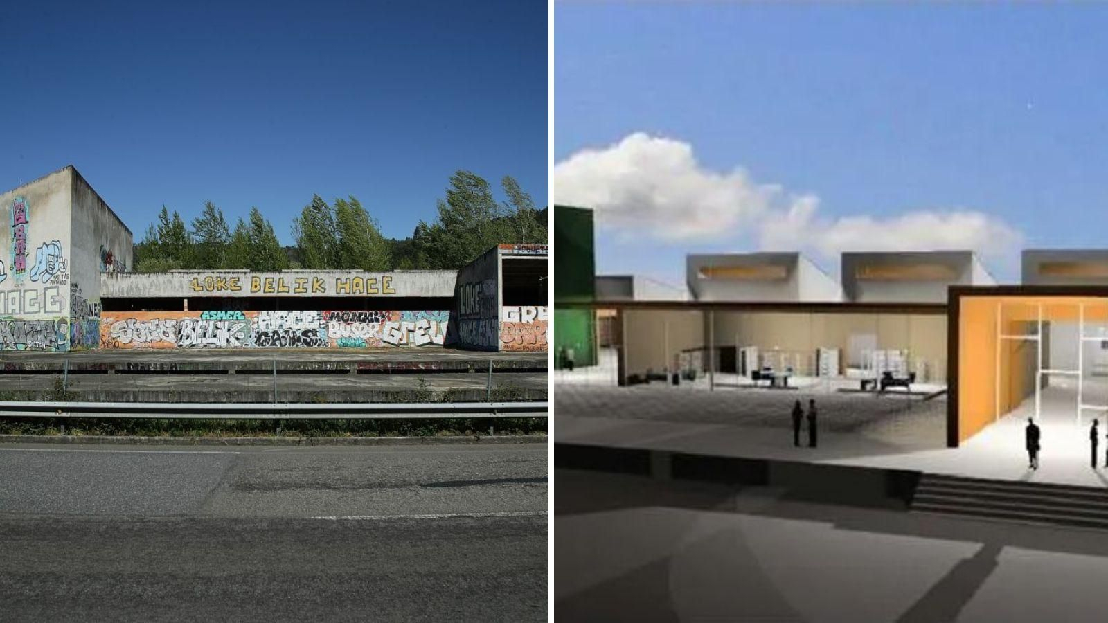 El mamotreto abandonado a su suerte en el entorno termal desde 2012 (izquierda) y así de colorido y moderno lucía el macromuseo de parques naturales en los papeles (derecha).