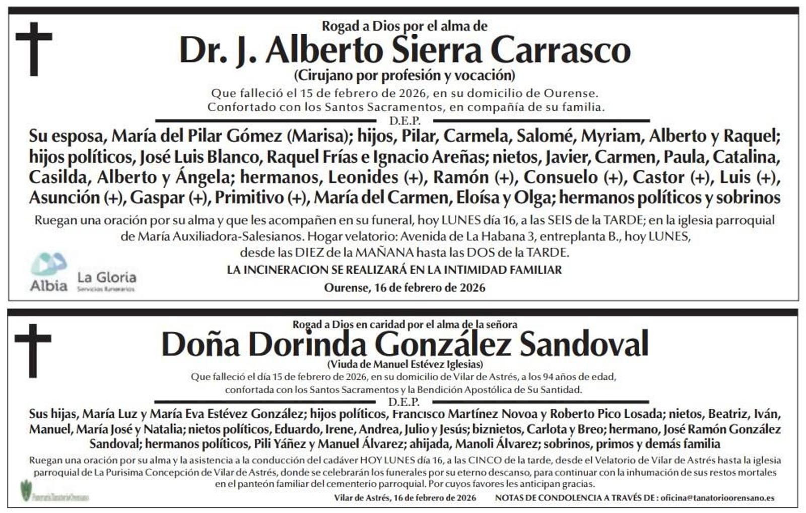 Las esquelas de hoy, lunes 16 de febrero.