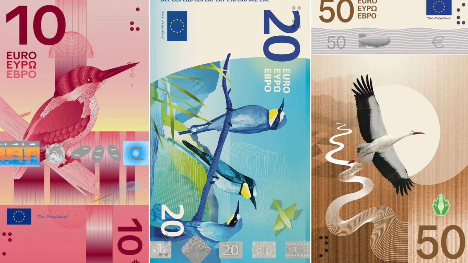 Algunos de los distintos diseños propuestos para los próximos billetes de euro.