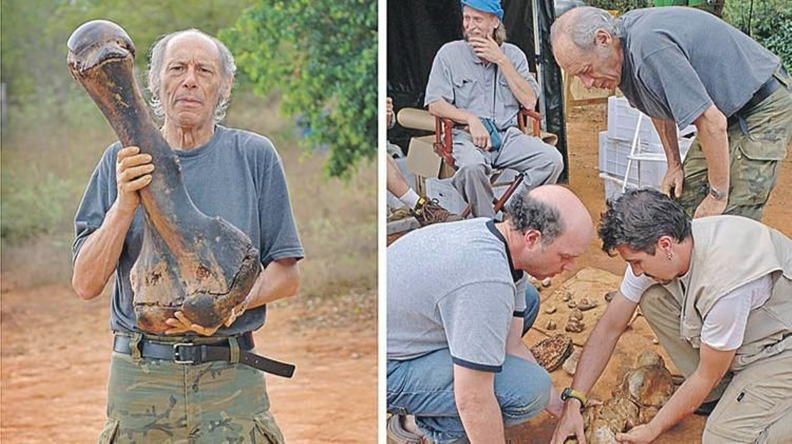 Cartelle cun óso dunha “preguiça xigante” e tres colegas estudando o esqueleto aparecido no Pozo Azul en 2007.