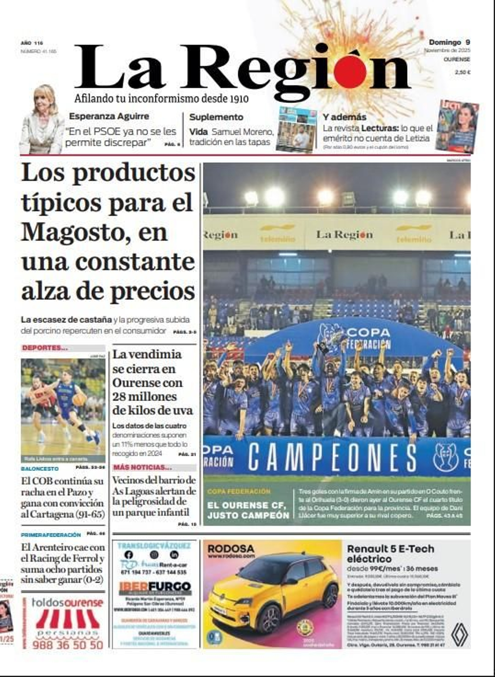 La portada de La Región del domingo, 9 de noviembre