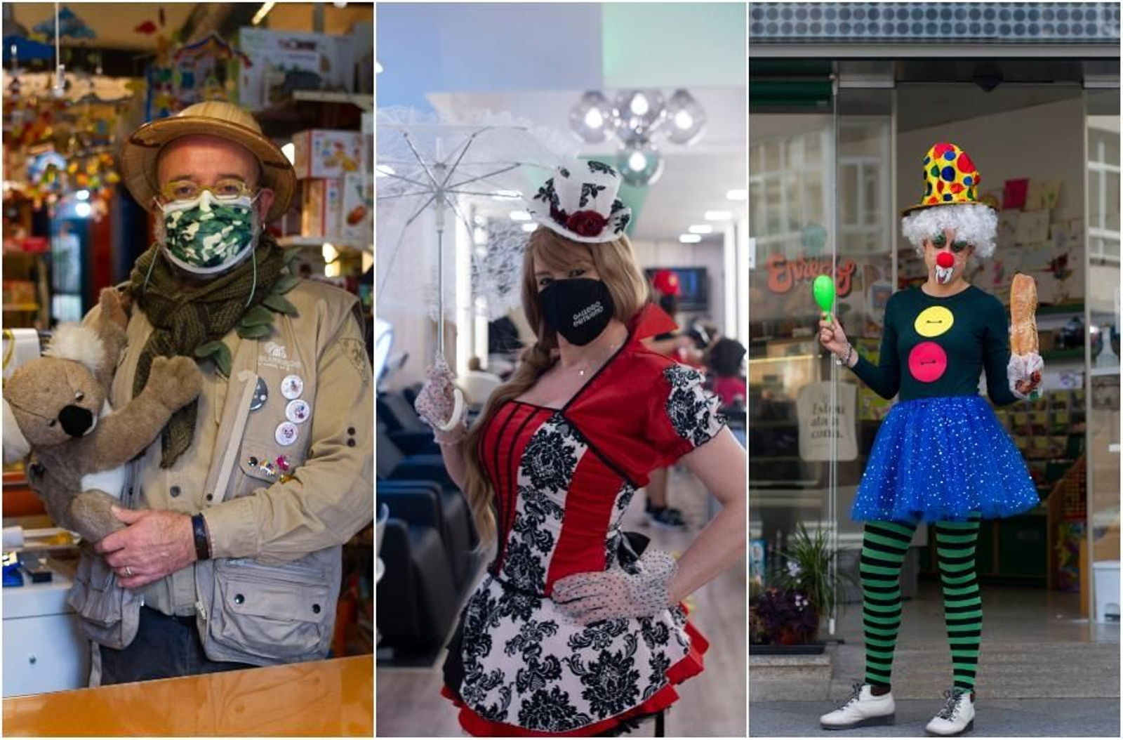 En la juguetería A Bufarda, el gerente se fue de "safari"; Gallego Estilismo, nunca mejor dicho. Elegancia para peinar con alegría; y un dulce payaso con sus gominolas y su barra de pan, en Enredos (MARTIÑO PINAL).