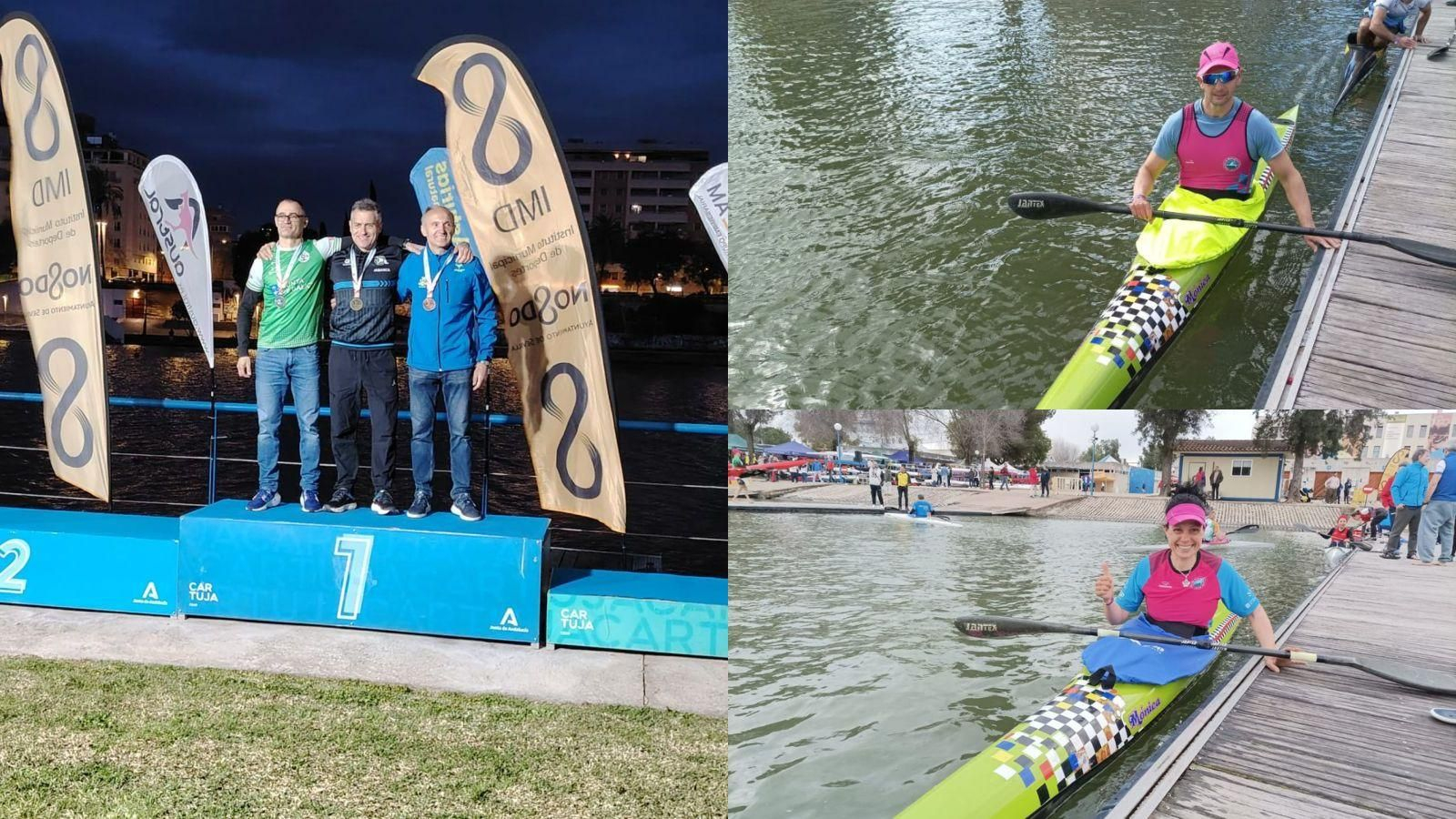 El valdeorrés Adolfo Monteagudo, a la derecha, en el podio con su plata. / Mónica Piñeiro da el OK. / Pedro Andrés, preparado.
