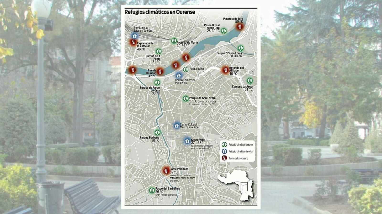 En esta infografía se muestran los espacios verdes en la ciudad de Ourense.