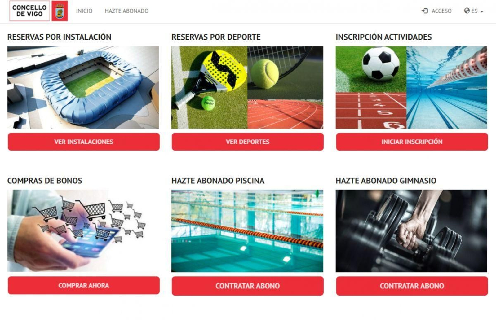 La web del Concello de Vigo para reservas deportivas.