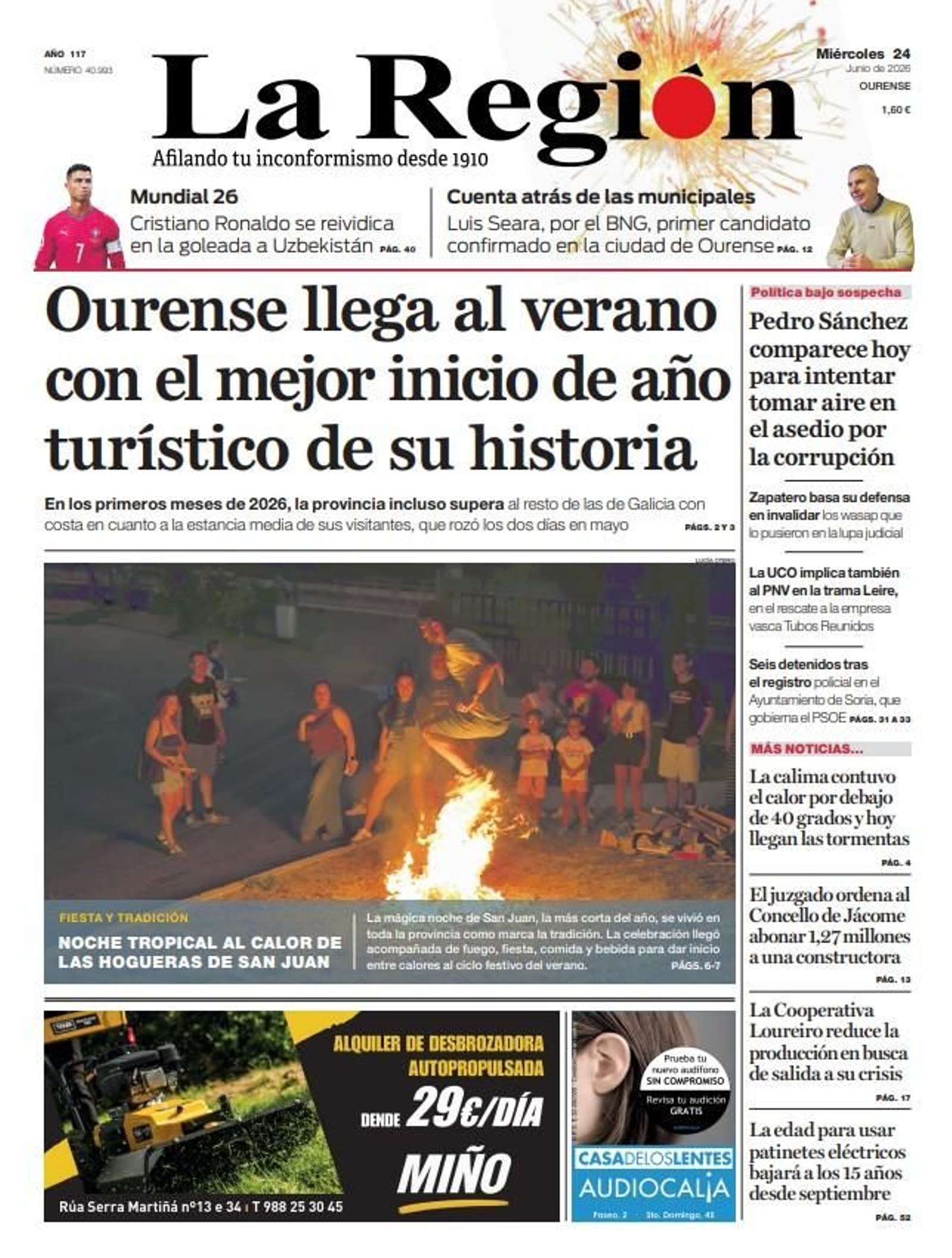 La portada de La Región de este miércoles 24 de junio.