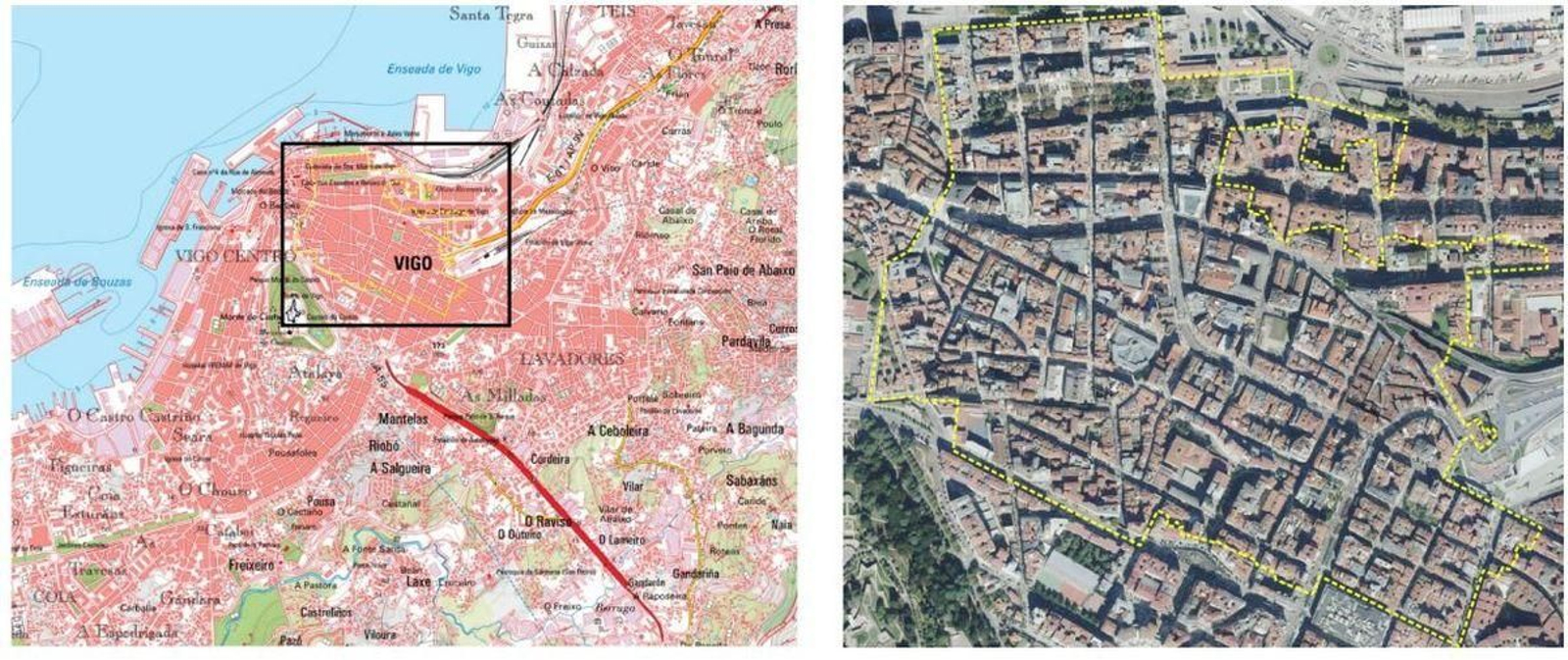 La zona del Plan del Ensanche, entre el Casco Vello y el entorno de Urzaiz.