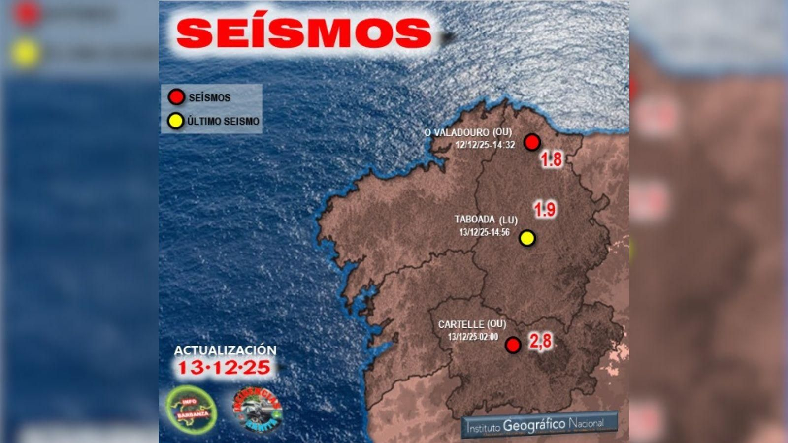El mapa muestra el epicentro del terremoto registrado en Cartelle, en la provincia de Ourense, durante esta madrugada.