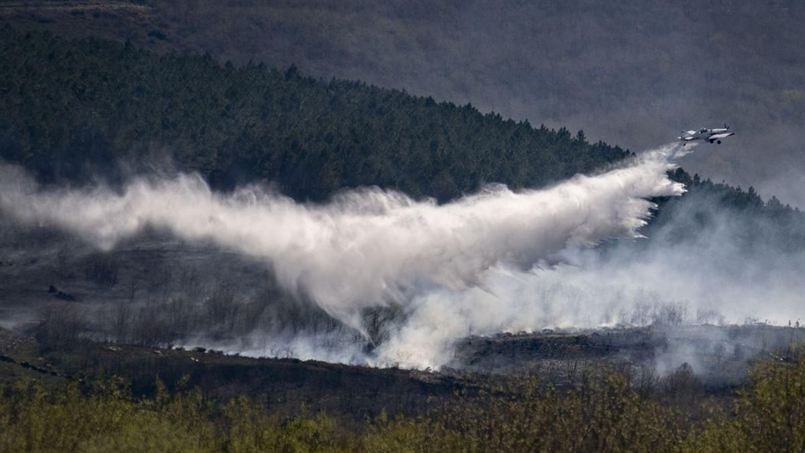 Unha avioneta descargando agua durante un incendio forestal.