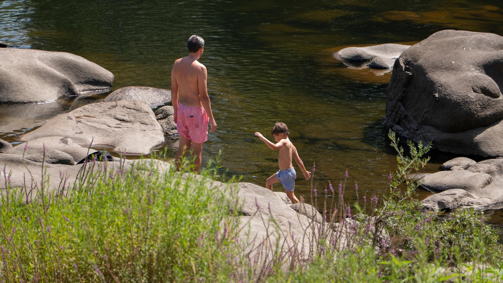 Dos personas bañándose en el río Miño en la ciudad de Ourense, en el entorno del puente romano.