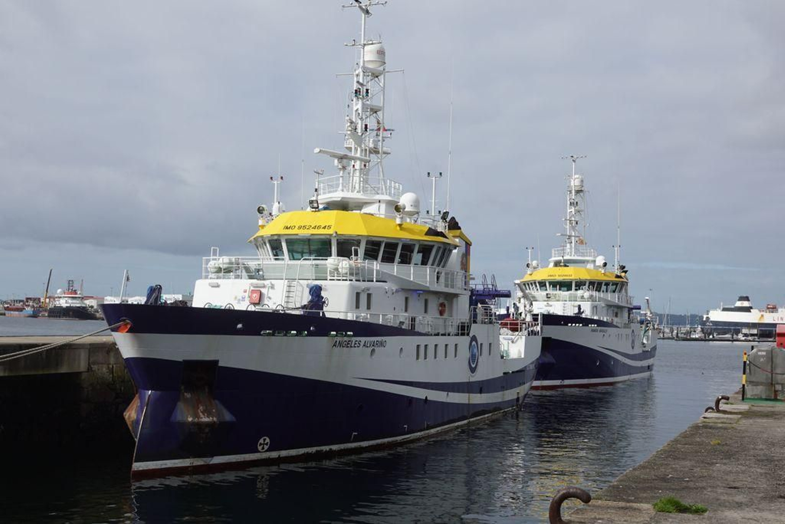 El "Ángeles Alvariño" y el "Ramón Margalef", ayer en los muelles de o Berbés.