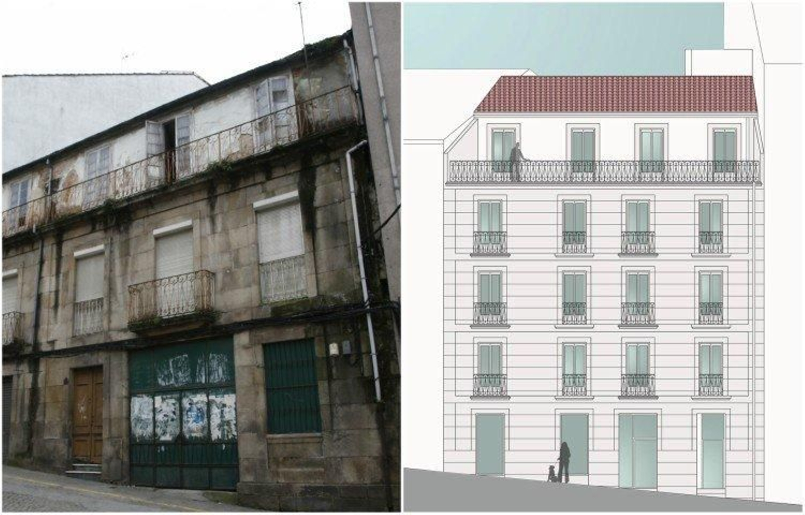 Las obras en la calle Reza acaban de comenzar (izquierda) y el proyecto de hotel.