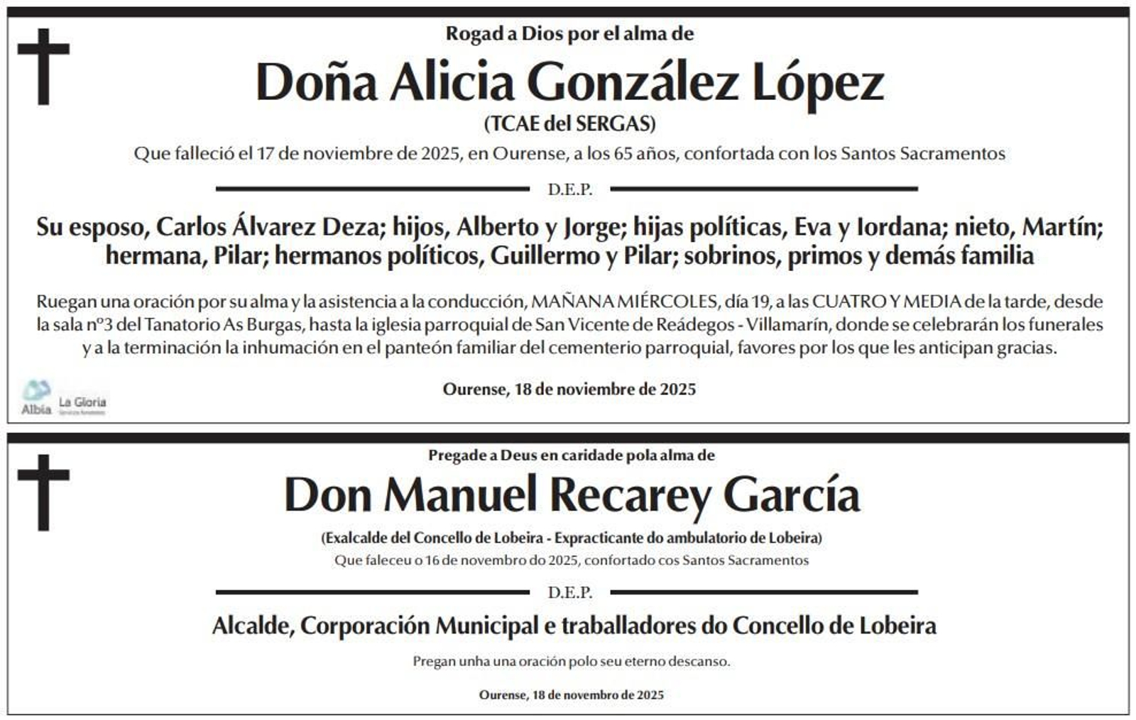 Las esquelas de este martes, 18 de noviembre