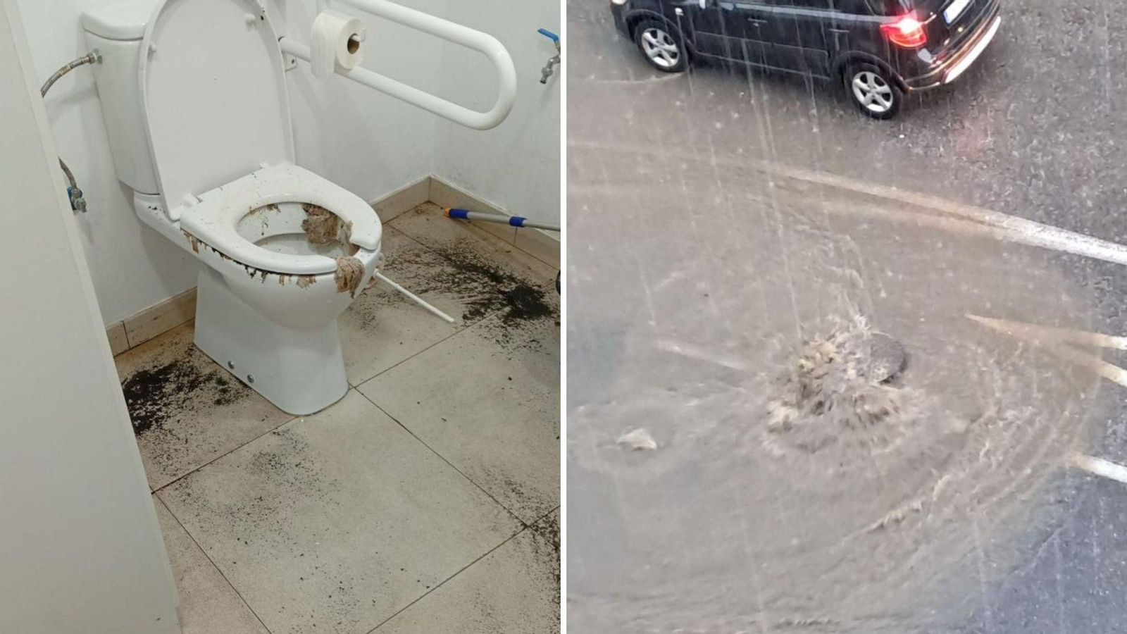 El inodoro de la tienda de Bueu por la que salió el agua y una arqueta desbordada en la Avenida de Bueu de Cangas.