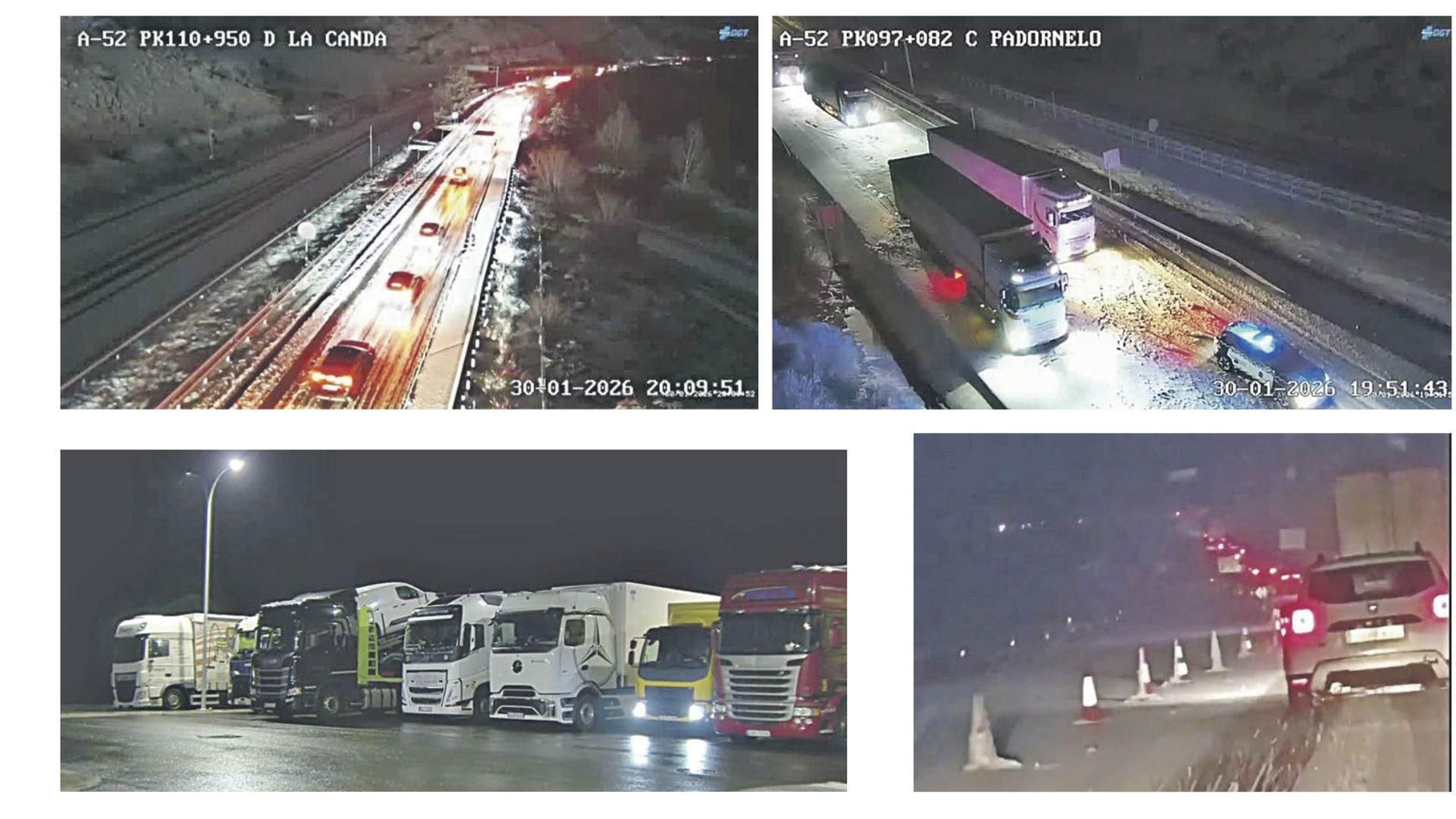 Vehículos atrapados en la A-52 a causa de la intensa nevada, mientras la Guardia Civil regula el tráfico en Padornelo.