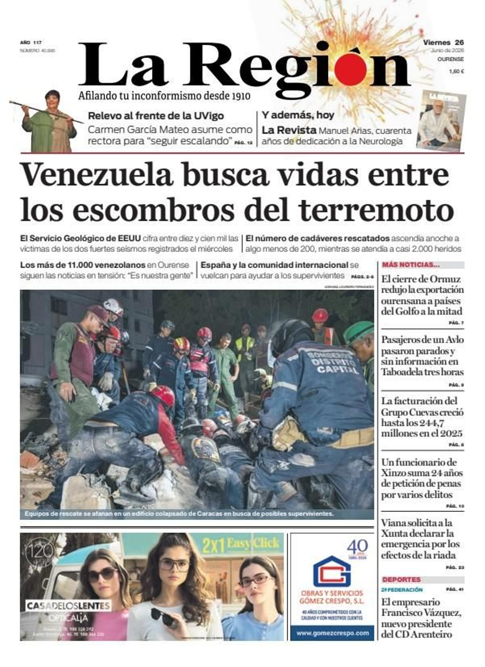 La portada de La Región de este viernes, 26 de juniio.
