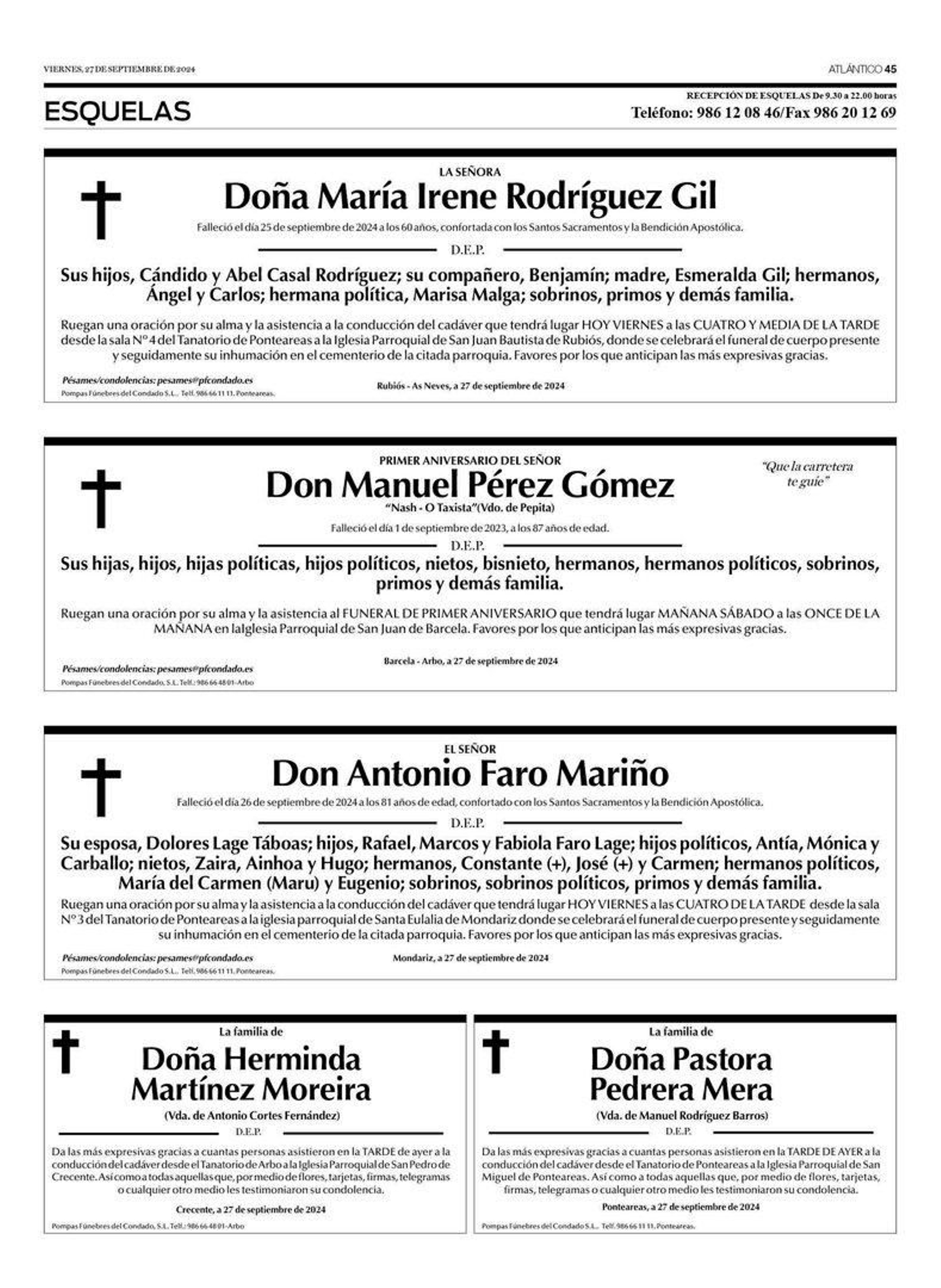 Esquelas del 27 de septiembre.