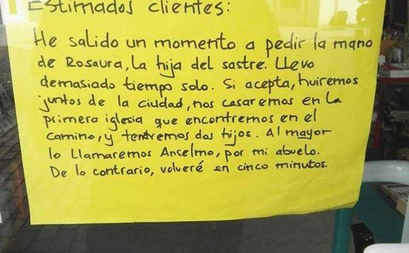 El original cartel de 'Vuelvo en 5 minutos'.