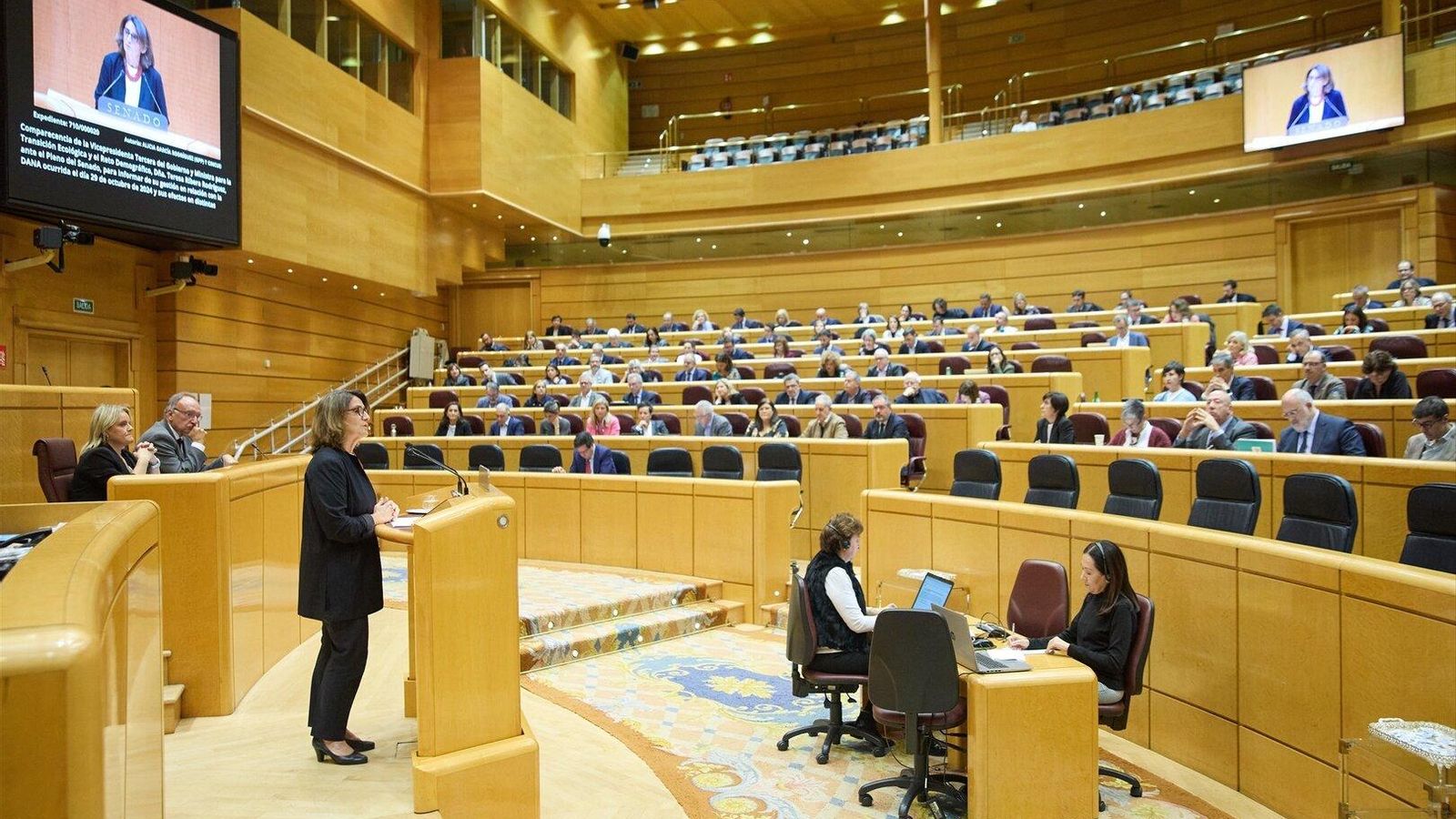 La vicepresidenta tercera y ministra para la Transición Ecológica y el Reto Demográfico, Teresa Ribera, durante su comparecencia en el pleno del Senado.