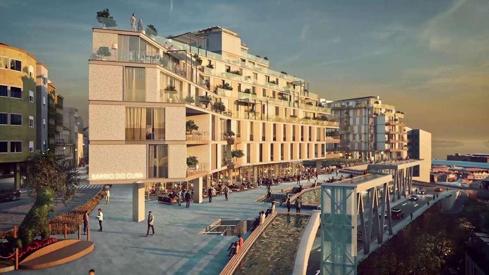 Dinoseto y Dinosetiño, en la parte inferior izquierda de la infografía, que muestra el futuro Barrio do Cura.