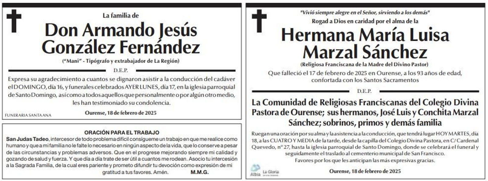 Esquelas martes 18 de febrero.