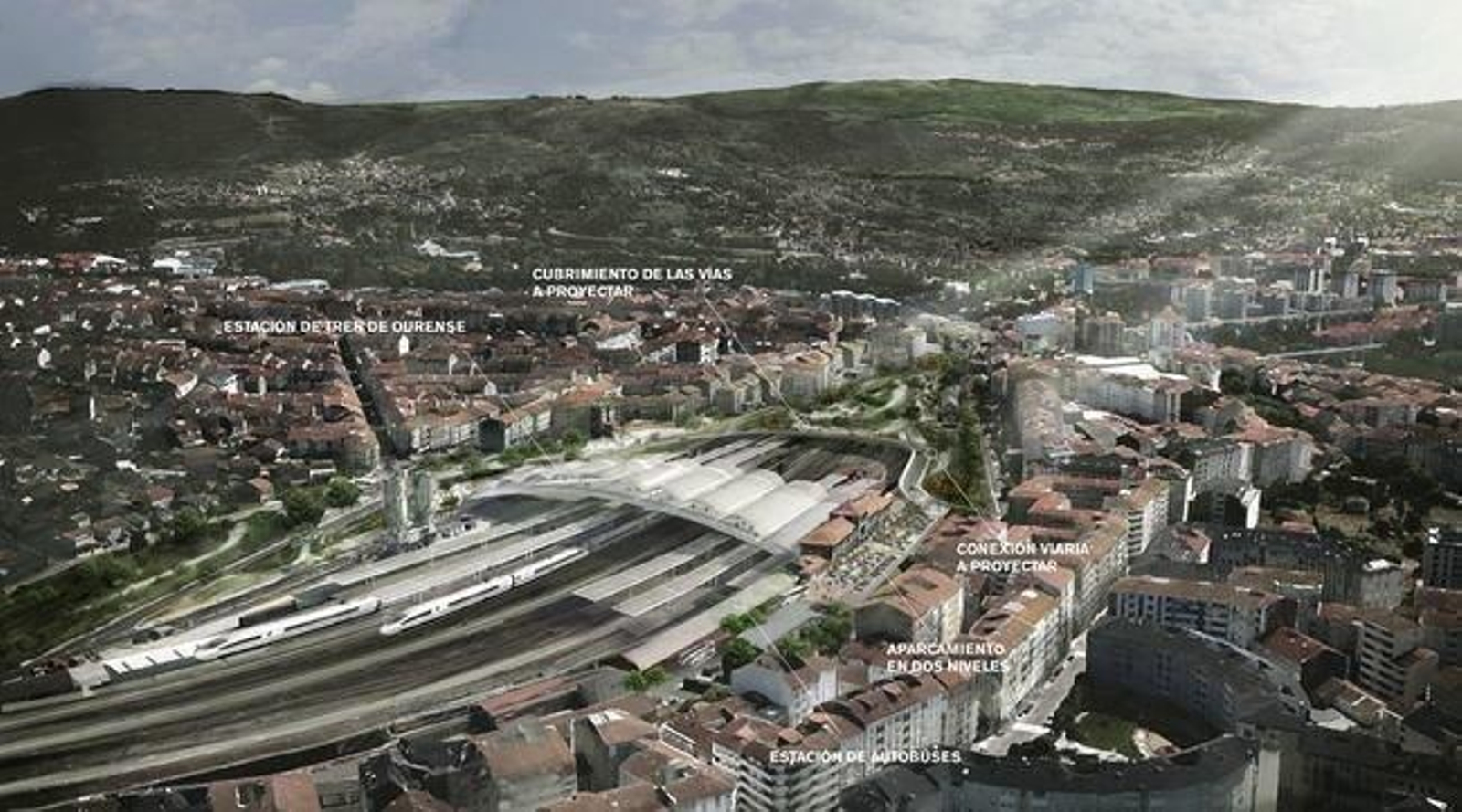 Infografía del anteproyecto diseñado por el equipo de Norman Foster de la futura estación de AVE y su entorno. Domina la gran estructura sobre la playa de vías, el viaducto en curva y el cubrimiento parcial de vías hacia la avenida de Santiago.