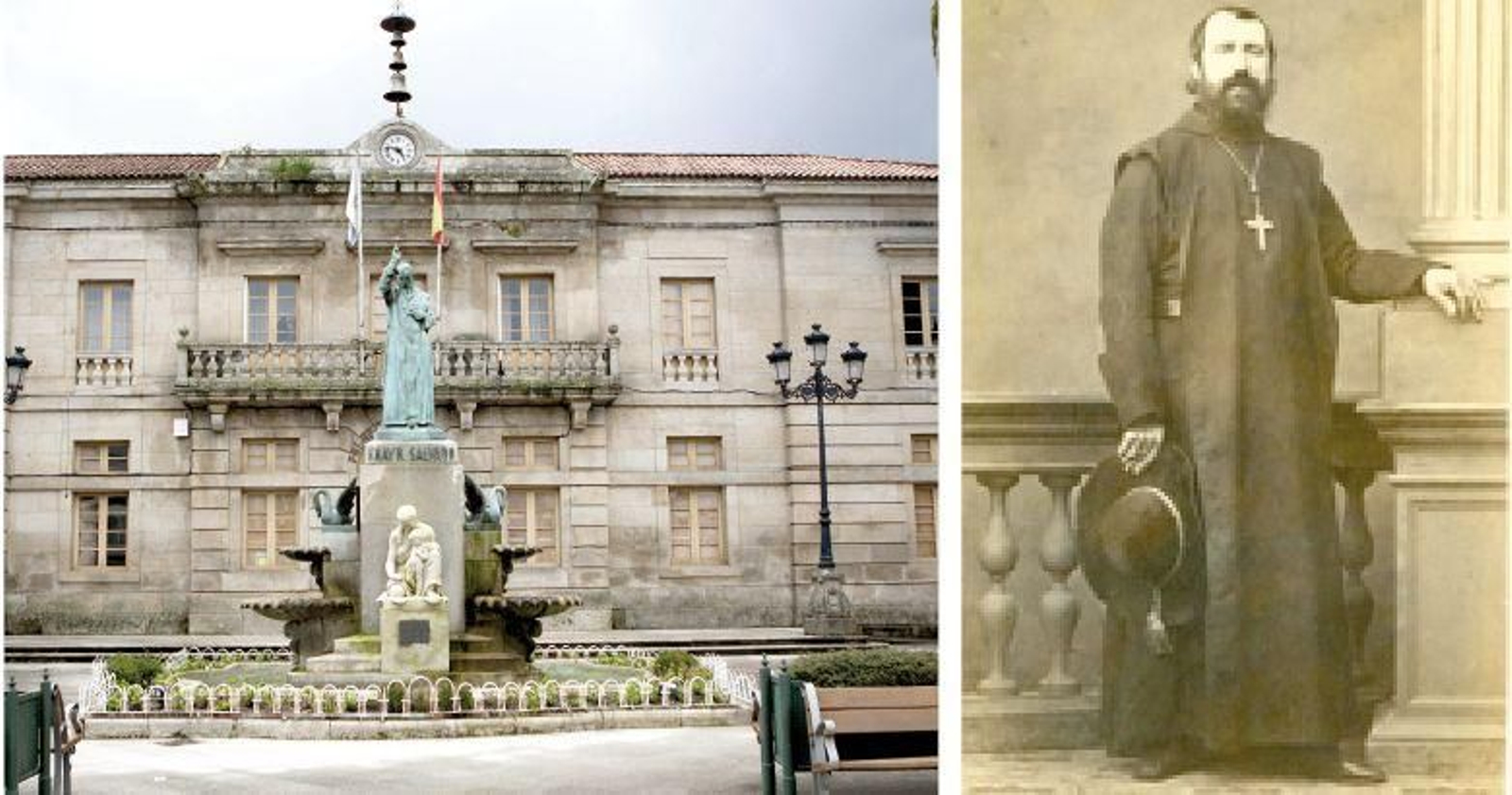 Monumento a Salvado en Tui, inaugurado en 1949 con motivo del centenario de su partida a Australia. A la derecha, retrato del obispo misionero.