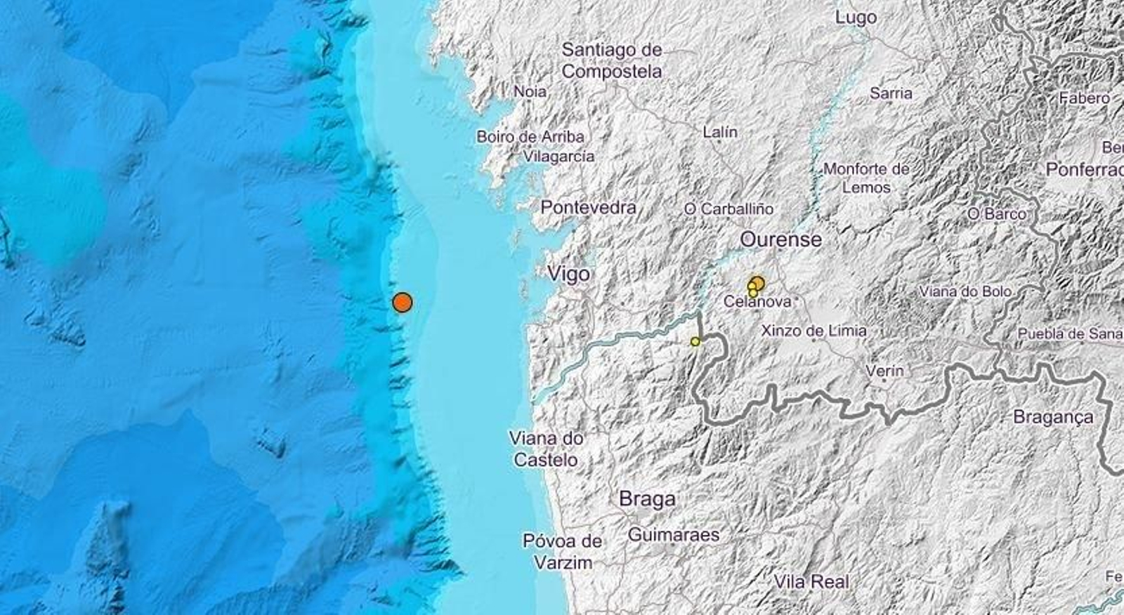 El epicentro del terremoto frente a las costas de Vigo